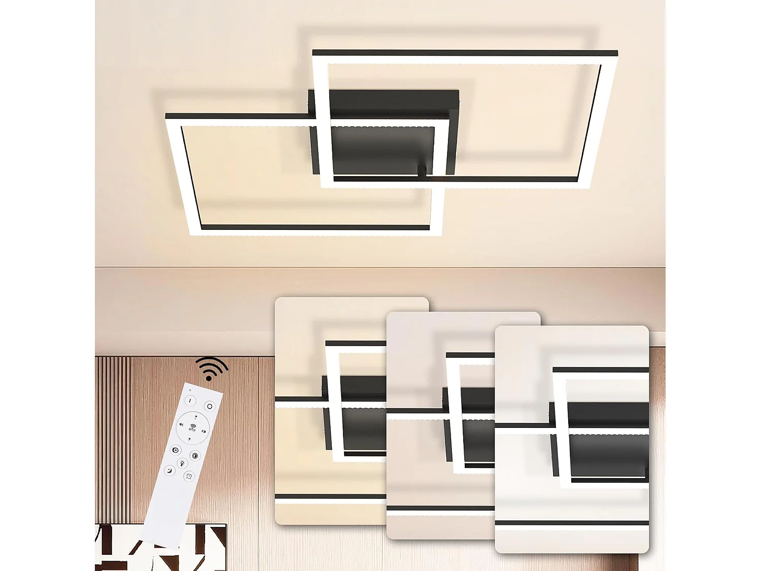 NETTLIFE Plafondlamp LED Kristal  vierkant zwart 2-Lichts 3000-6000K Dimbaar  52W met Afstandsbediening Moderne Keukenverlichting voor Woonkamer Slaapkamer 54cm