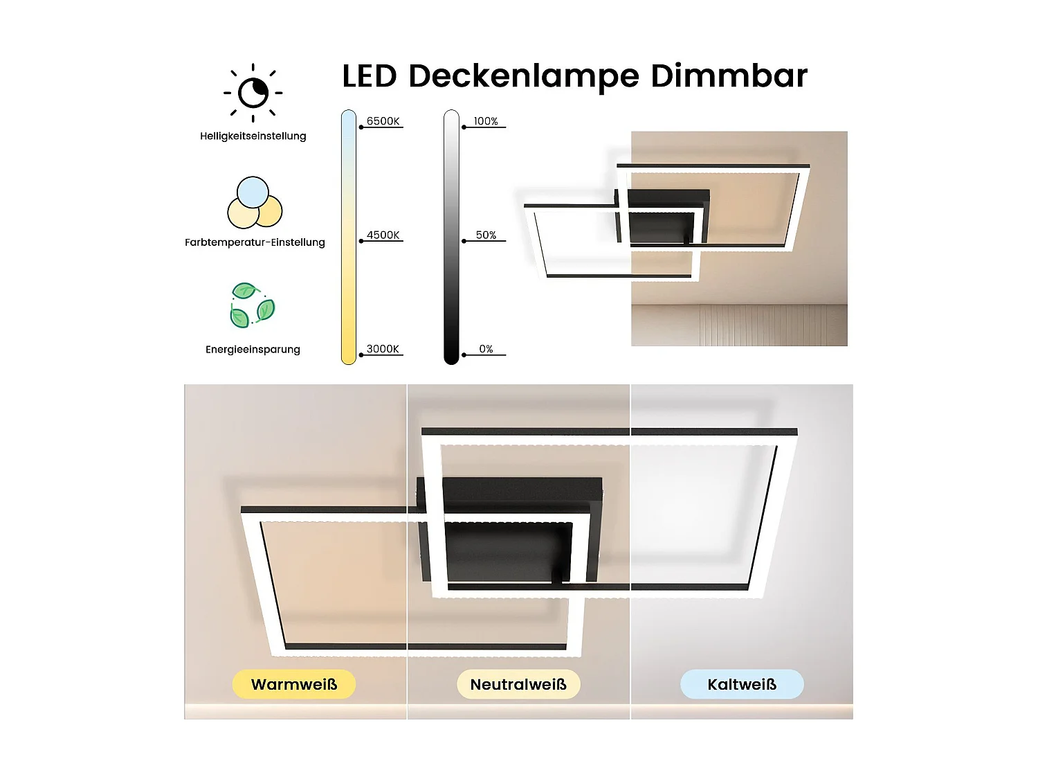NETTLIFE Plafondlamp LED Kristal  vierkant zwart 2-Lichts 3000-6000K Dimbaar  52W met Afstandsbediening Moderne Keukenverlichting voor Woonkamer Slaapkamer 54cm