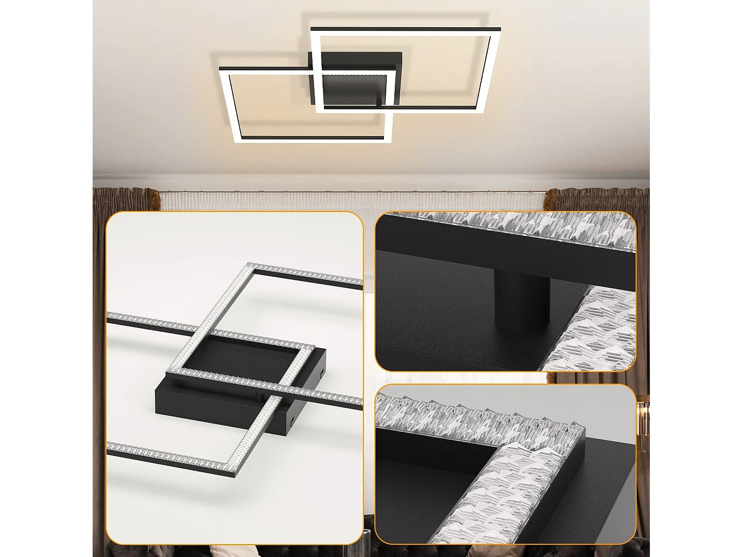 NETTLIFE Plafondlamp LED Kristal  vierkant zwart 2-Lichts 3000-6000K Dimbaar  52W met Afstandsbediening Moderne Keukenverlichting voor Woonkamer Slaapkamer 54cm