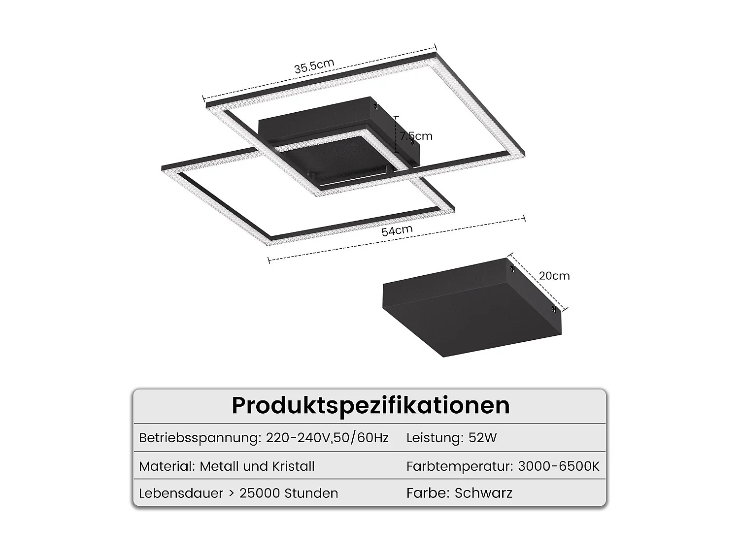 NETTLIFE Plafondlamp LED Kristal  vierkant zwart 2-Lichts 3000-6000K Dimbaar  52W met Afstandsbediening Moderne Keukenverlichting voor Woonkamer Slaapkamer 54cm