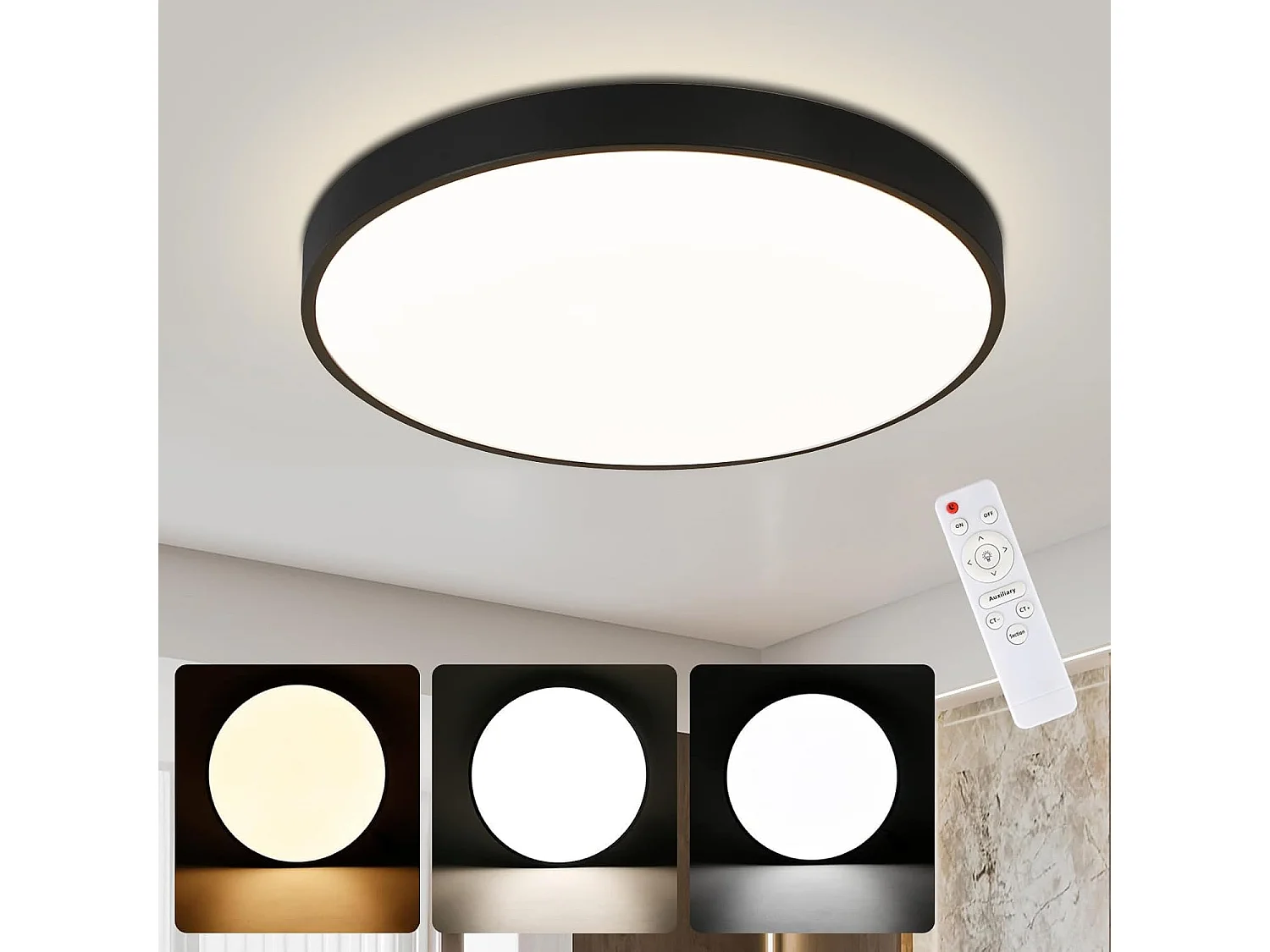 NETTLIFE Plafón LED regulable con control remoto, 36W, lámpara para baño, negro, IP44 a prueba de agua, plano, redondo de 37 cm.