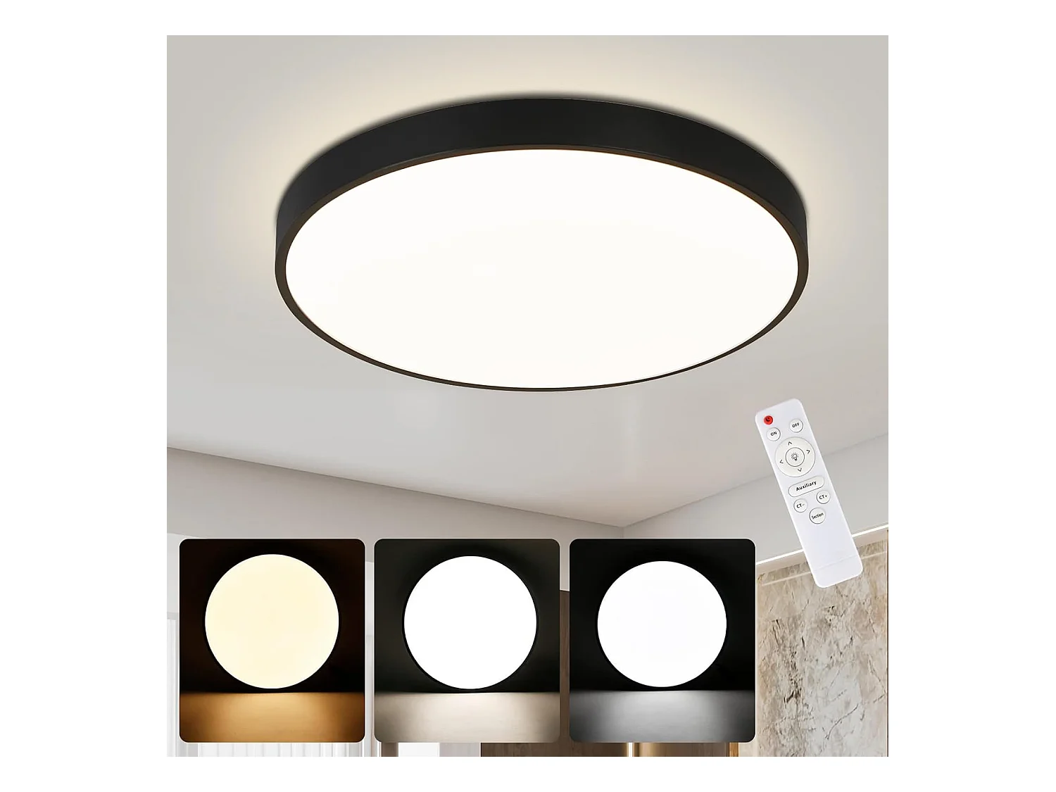 NETTLIFE Plafonnier LED dimmable avec télécommande 36W lampe de salle de bain noir IP44 étanche plat 37cm rond
