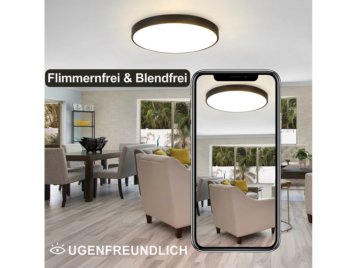 NETTLIFE Plafonnier LED dimmable avec télécommande 36W lampe de salle de bain noir IP44 étanche plat 37cm rond