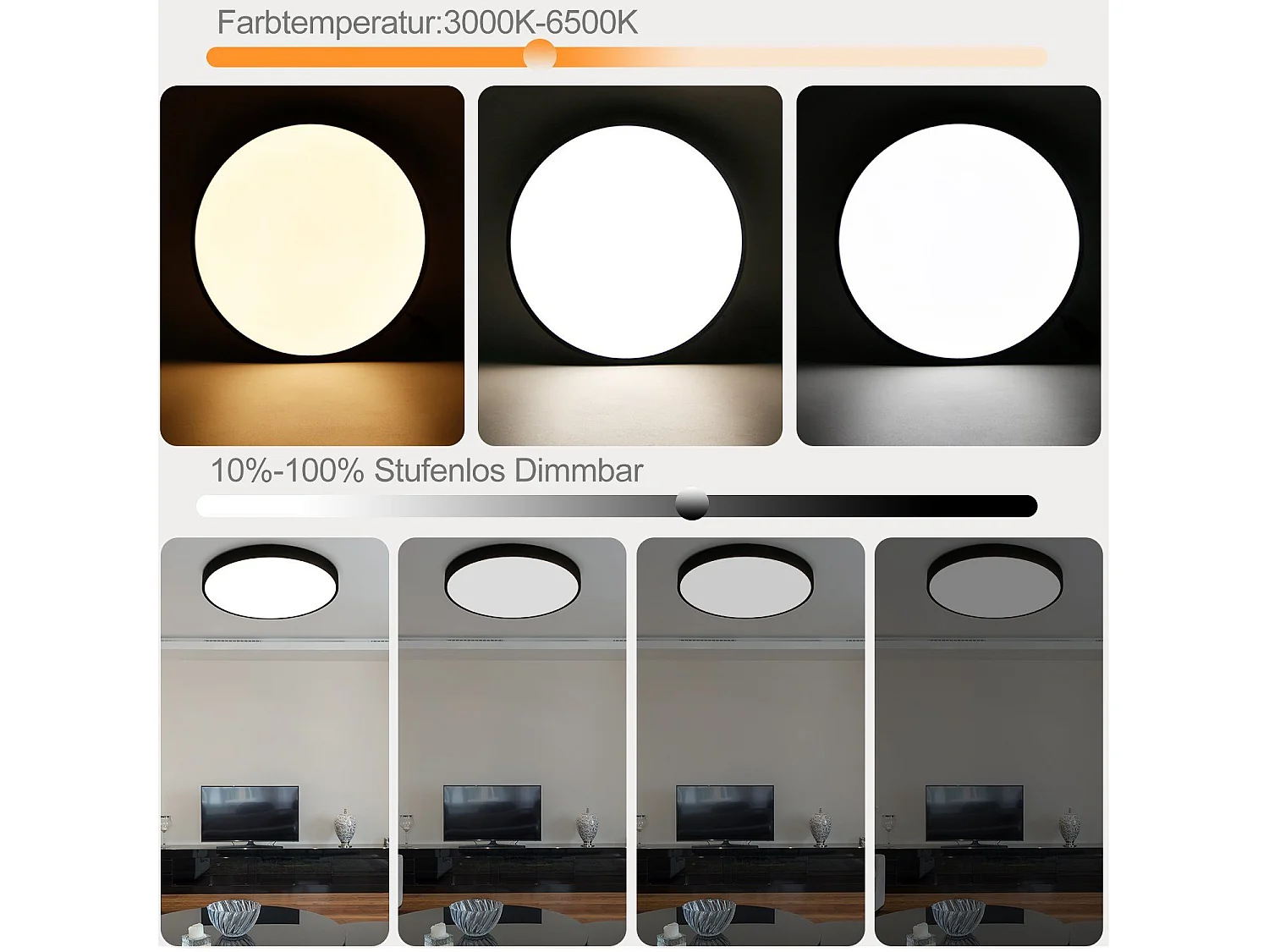 NETTLIFE Plafonnier LED dimmable avec télécommande 36W lampe de salle de bain noir IP44 étanche plat 37cm rond