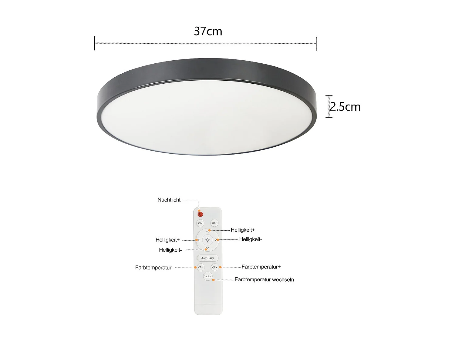 NETTLIFE Plafonnier LED dimmable avec télécommande 36W lampe de salle de bain noir IP44 étanche plat 37cm rond
