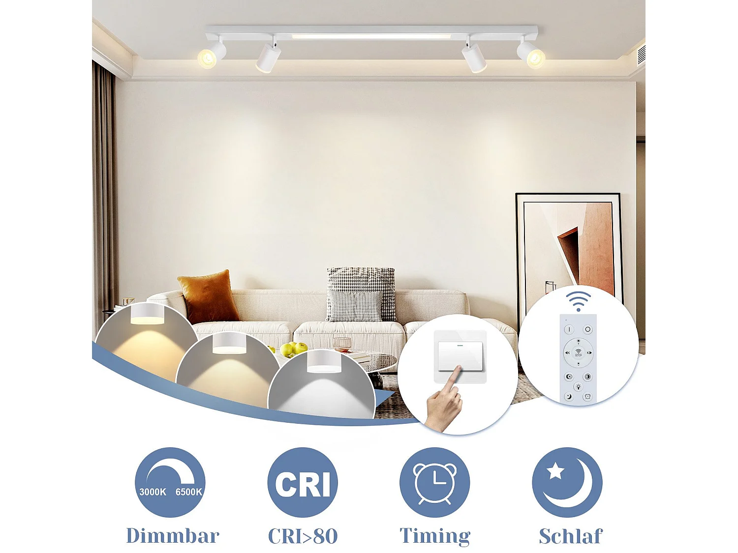 NETTLIFE Opbouwspot LED 38W rechthoekig 3000K-6500K Dimbaar wit 4-Lichts 350° draaibar Plafondspot met Afstandsbediening  Plafondlamp