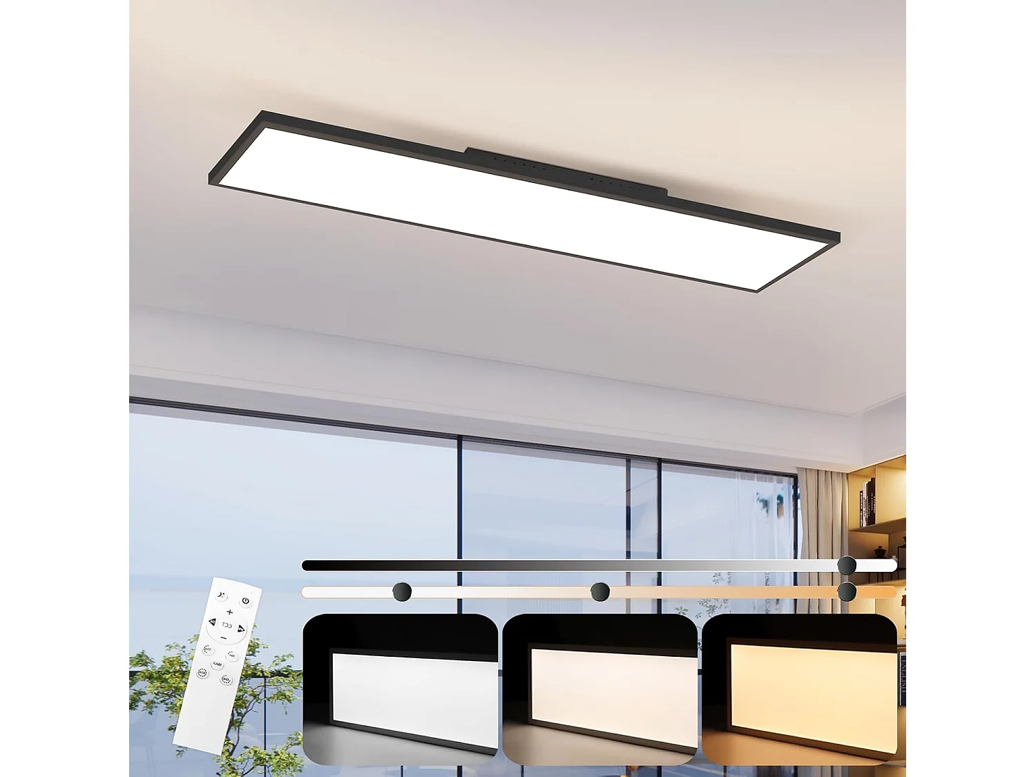 NETTLIFE Ściemnialna lampa sufitowa LED 100x25 cm z pilotem, czarna, 24W