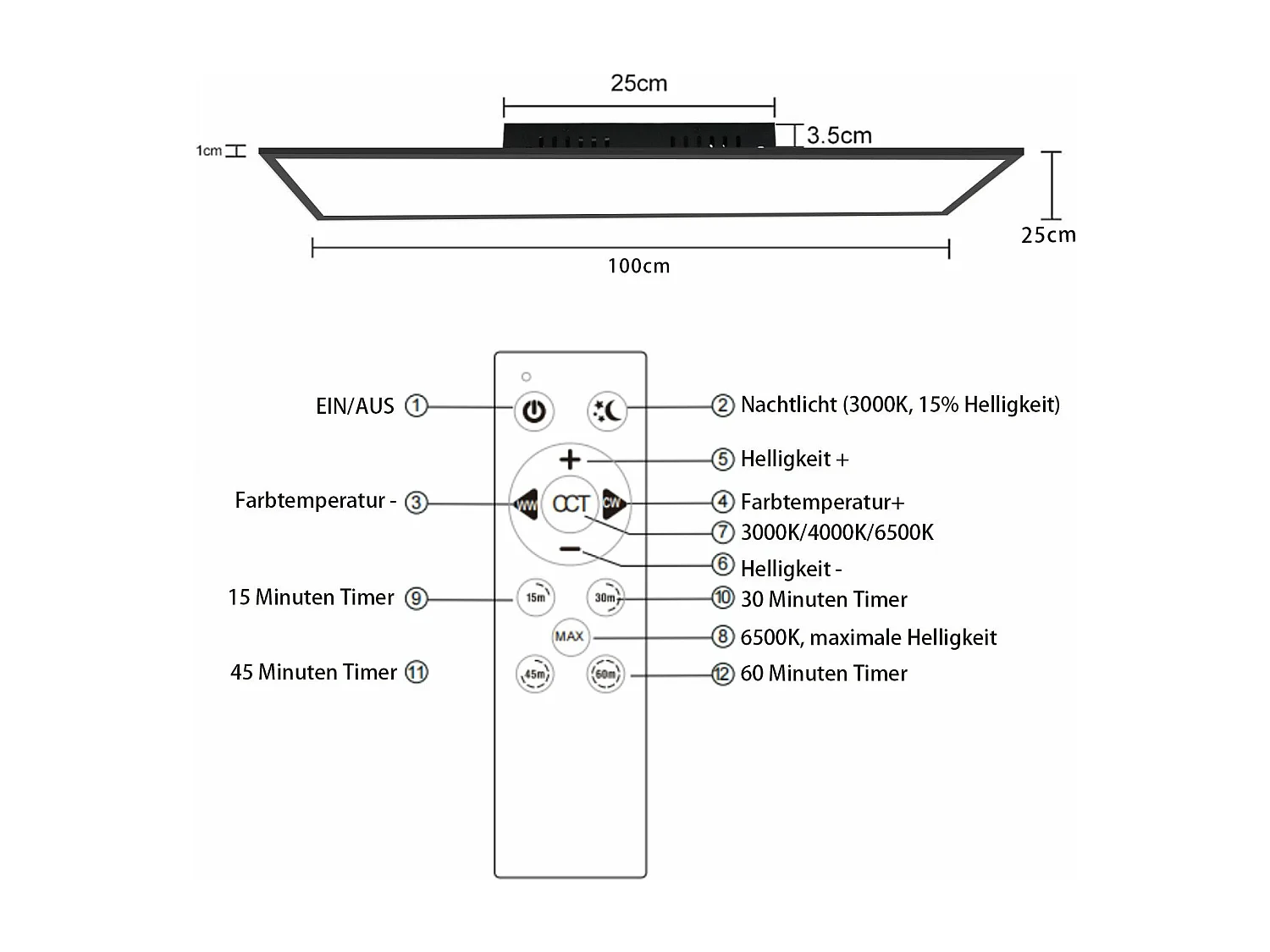 NETTLIFE Ściemnialna lampa sufitowa LED 100x25 cm z pilotem, czarna, 24W