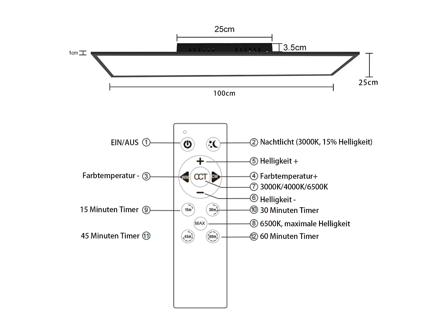 NETTLIFE Plafonnier LED à intensité variable 100x25 cm avec télécommande noir 24W