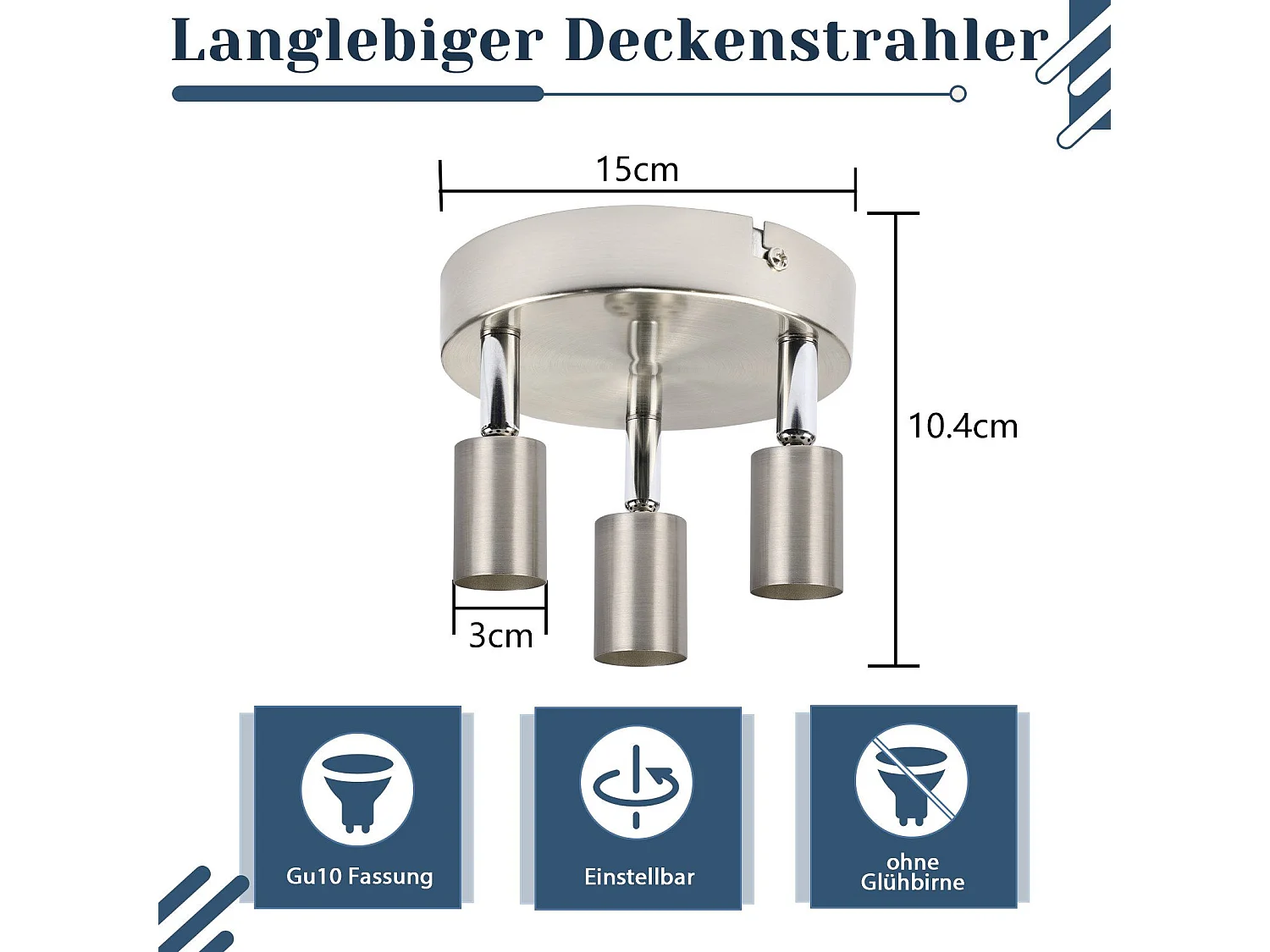 NETTLIFE Opbouwspot rond nikkel3-Lichts GU10 Fitting 350° Draaibaar Plafondspot Moderne Plafondlamp Max.25W voor Keuken | Hal | Woonkamer | Slaafkamer L 14cm