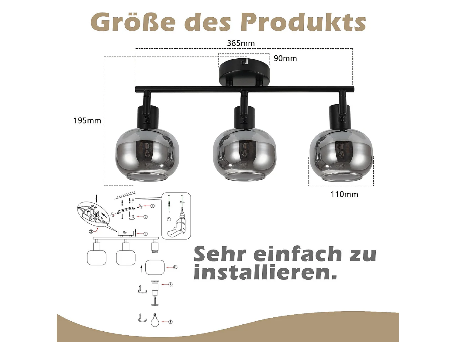 Schwarzer Deckenstrahler 3 Moderne Glühbirnen Glas 350° Schwenkbar Spot E14