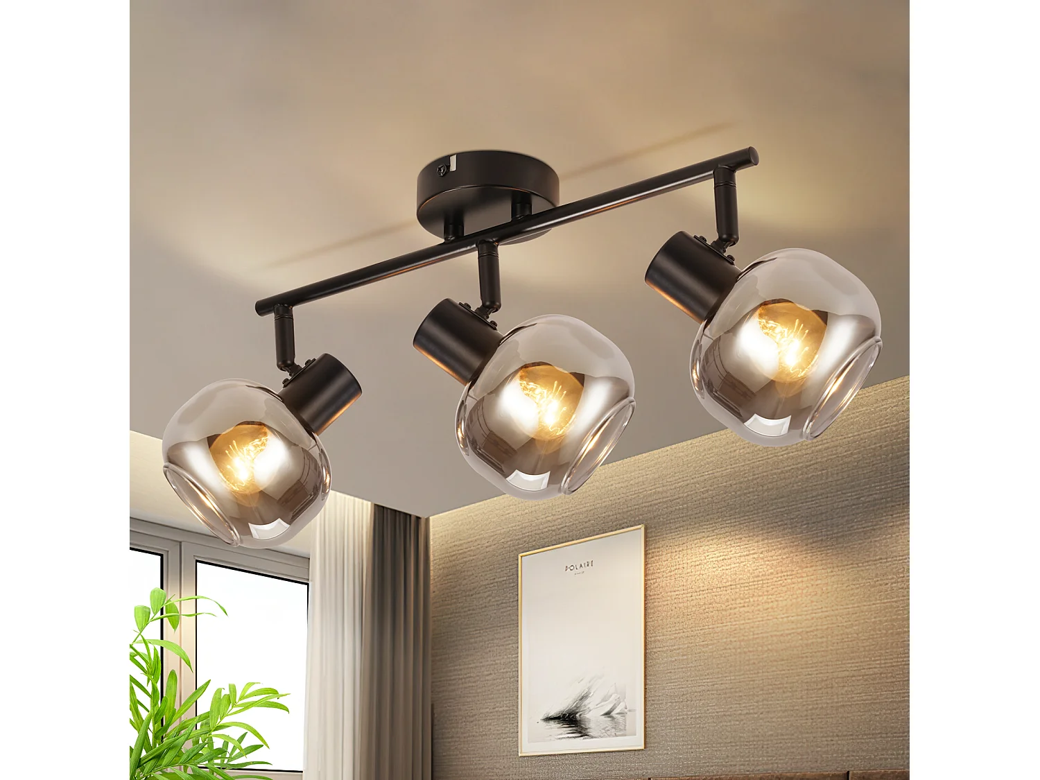 NETTLIFE Opbouwspot - 3xE14 fitting - Retro - Zwart - Rookgrijs glas - Plafondspot 38.5cm - Plafondlamp - voor woonkamer | slaapkamer | hal | keuken - Max.25W