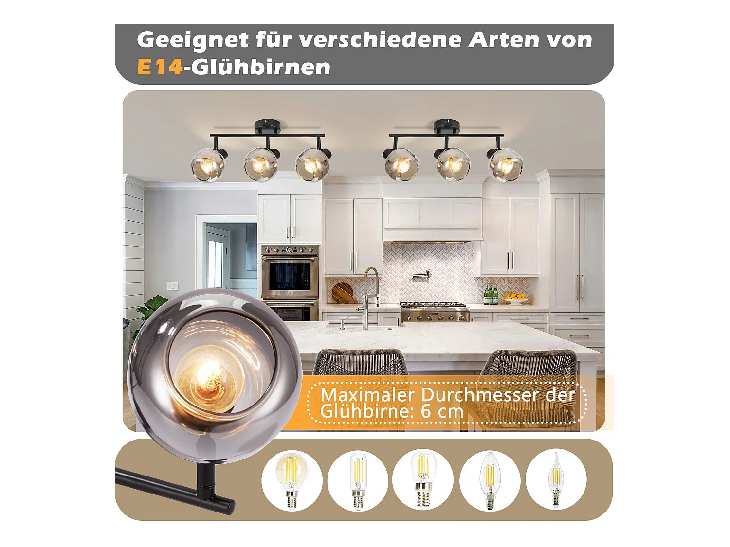 NETTLIFE Opbouwspot - 3xE14 fitting - Retro - Zwart - Rookgrijs glas - Plafondspot 38.5cm - Plafondlamp - voor woonkamer | slaapkamer | hal | keuken - Max.25W