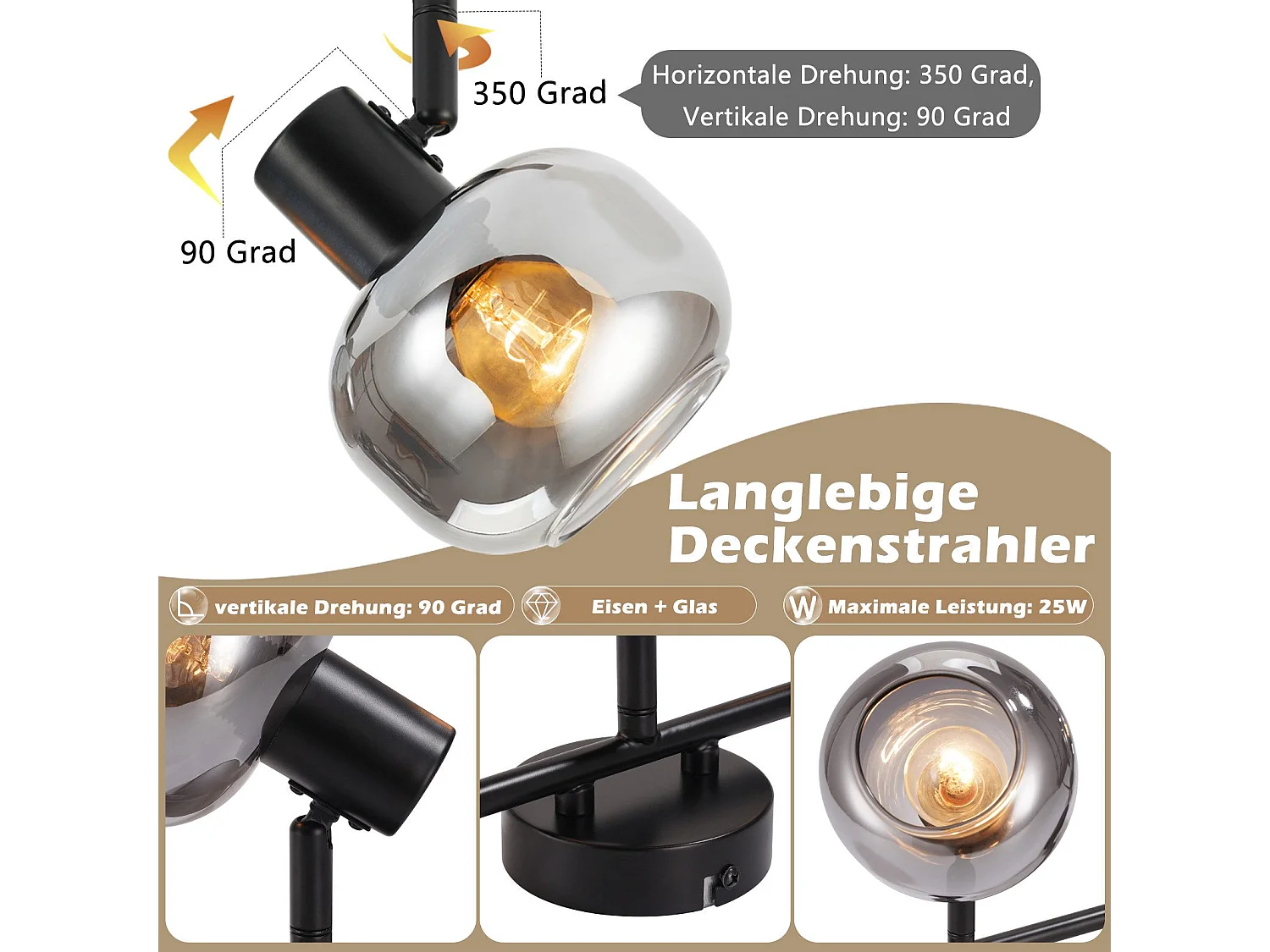 NETTLIFE Plafonnier spot de plafond noir 3 ampoules modernes verre plafonnier orientable à 350° spot E14