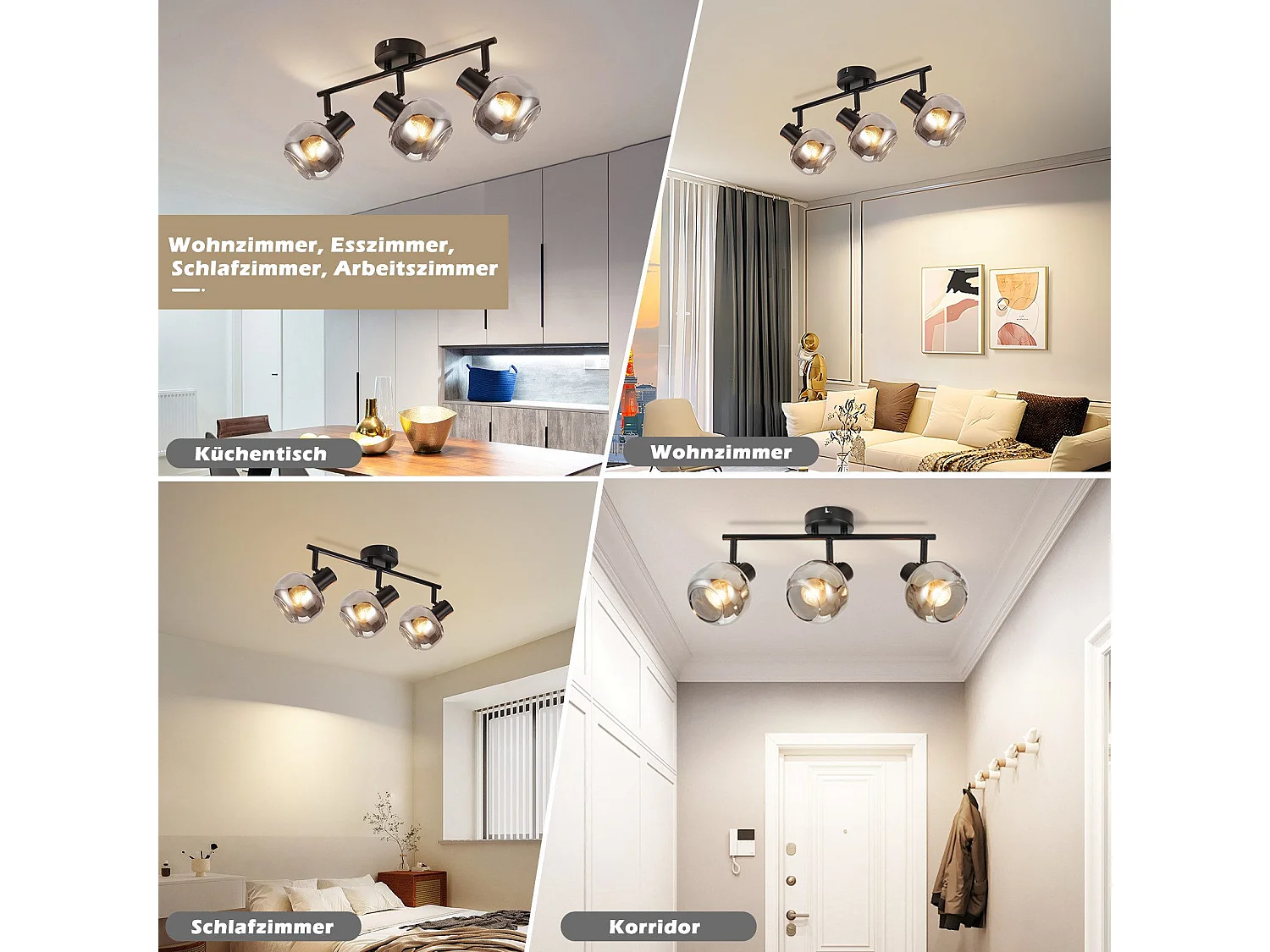 NETTLIFE Plafonnier spot de plafond noir 3 ampoules modernes verre plafonnier orientable à 350° spot E14