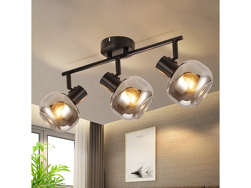 NETTLIFE Opbouwspot - 3xE14 fitting - Retro - Zwart - Rookgrijs glas - Plafondspot 38.5cm - Plafondlamp - voor woonkamer | slaapkamer | hal | keuken - Max.25W