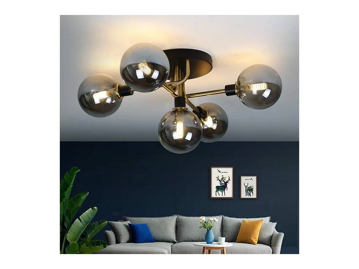 NETTLIFE Plafón para salón con bolas de vidrio, 5 lámparas G9 (sin bombilla).