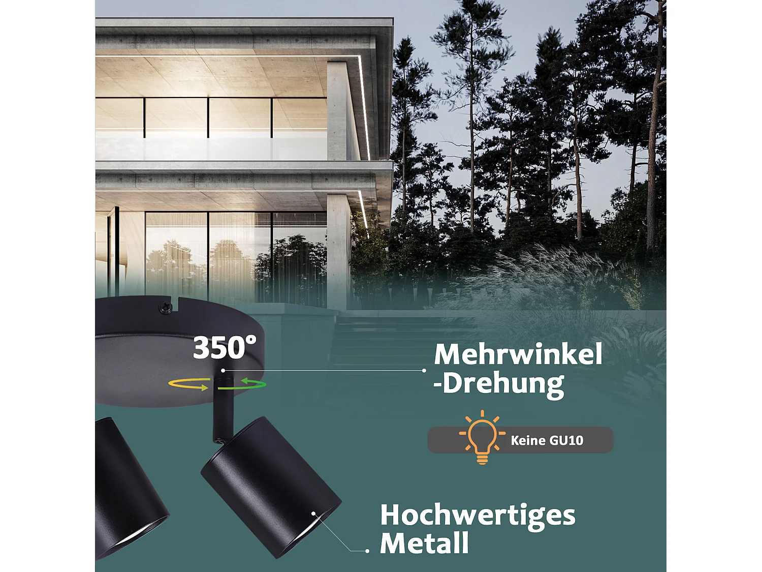 NETTLIFE Spot de plafond LED Plafonnier à 2 lampes noir GU10 330° orientables ronds modernes