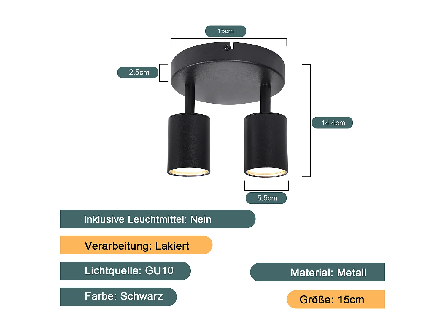 NETTLIFE Spot de plafond LED Plafonnier à 2 lampes noir GU10 330° orientables ronds modernes