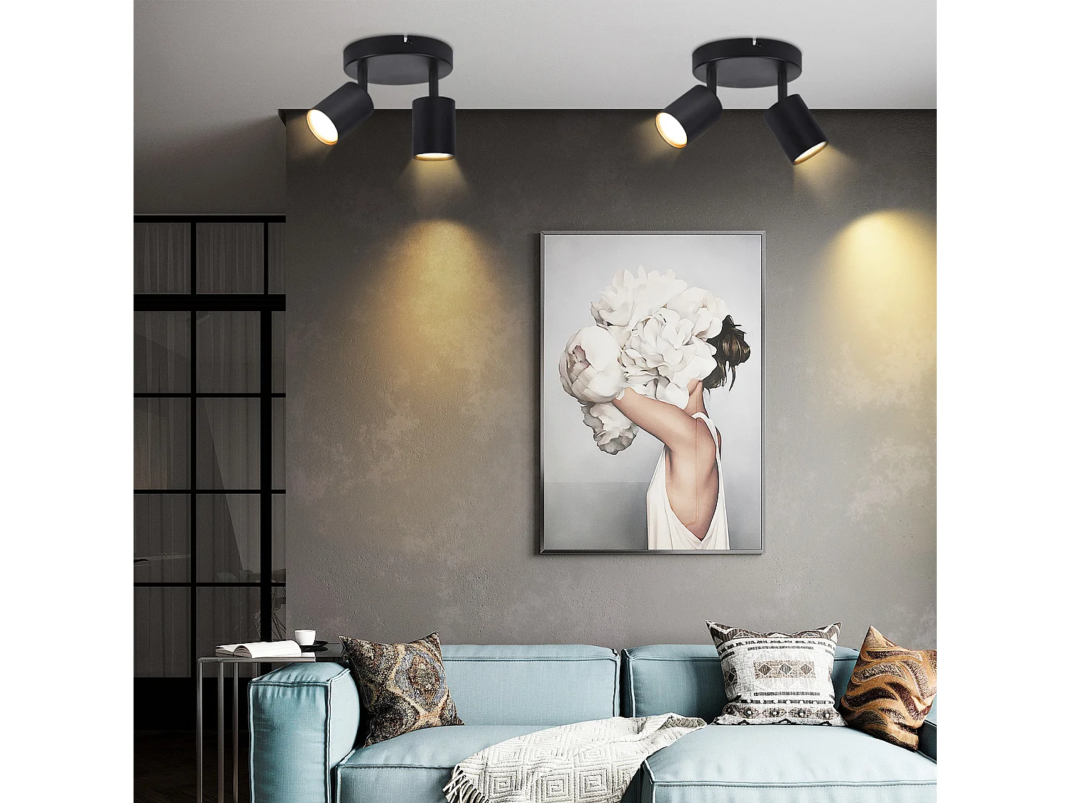 NETTLIFE Spot de plafond LED Plafonnier à 2 lampes noir GU10 330° orientables ronds modernes