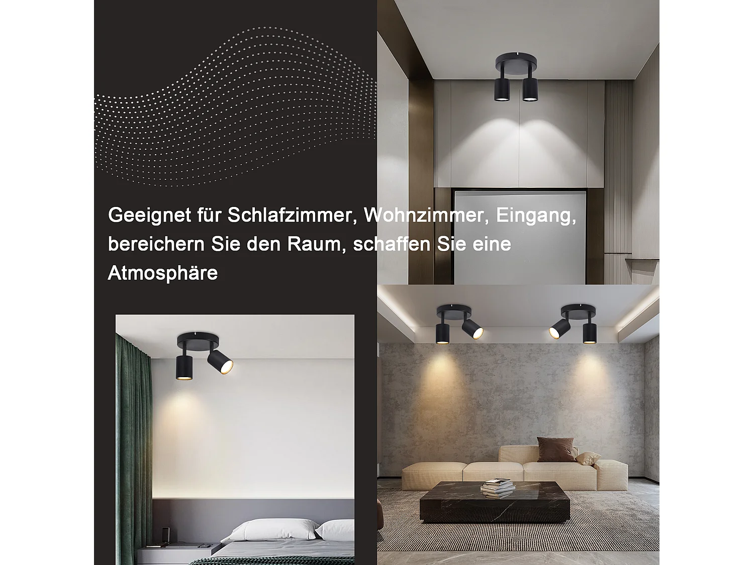 NETTLIFE Spot de plafond LED Plafonnier à 2 lampes noir GU10 330° orientables ronds modernes