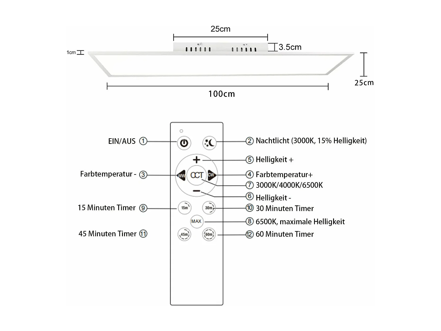 NETTLIFE Plafondlamp LED 100cm Lang Plafondpaneel Wit Plafondlamp plat Dimbaar met Afstandsbediening 24W  Kantoorlamp