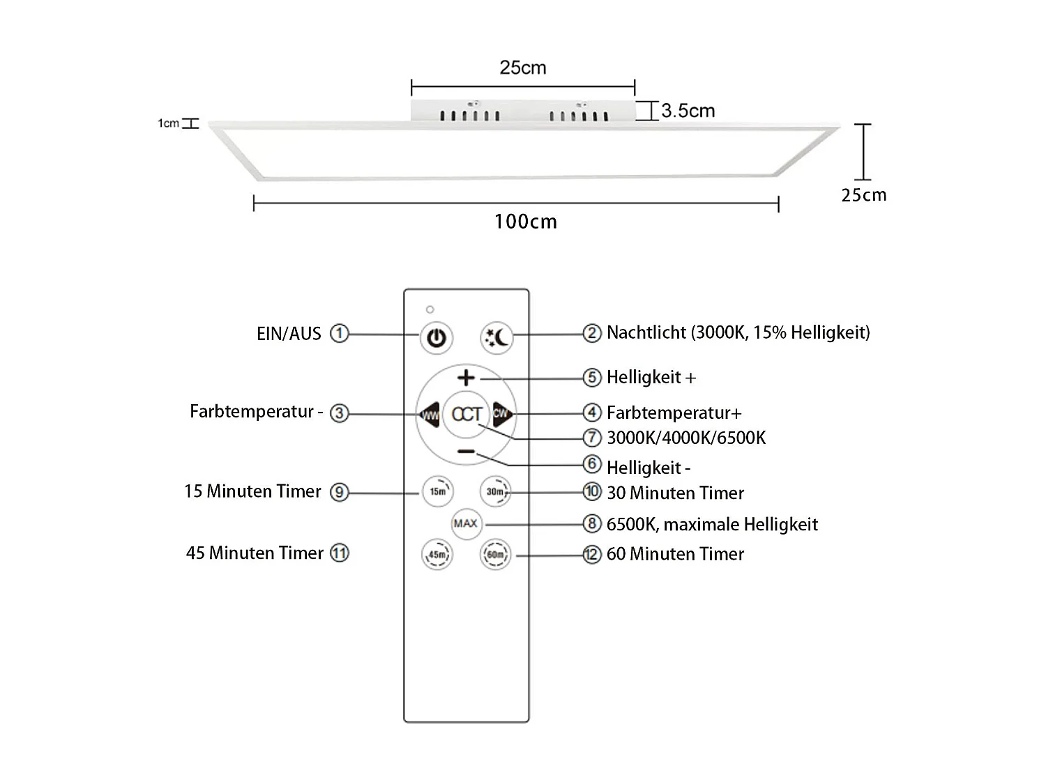 NETTLIFE Plafonnier LED dimmable 100x25 cm panneau de plafond plat long avec télécommande grand blanc 24W