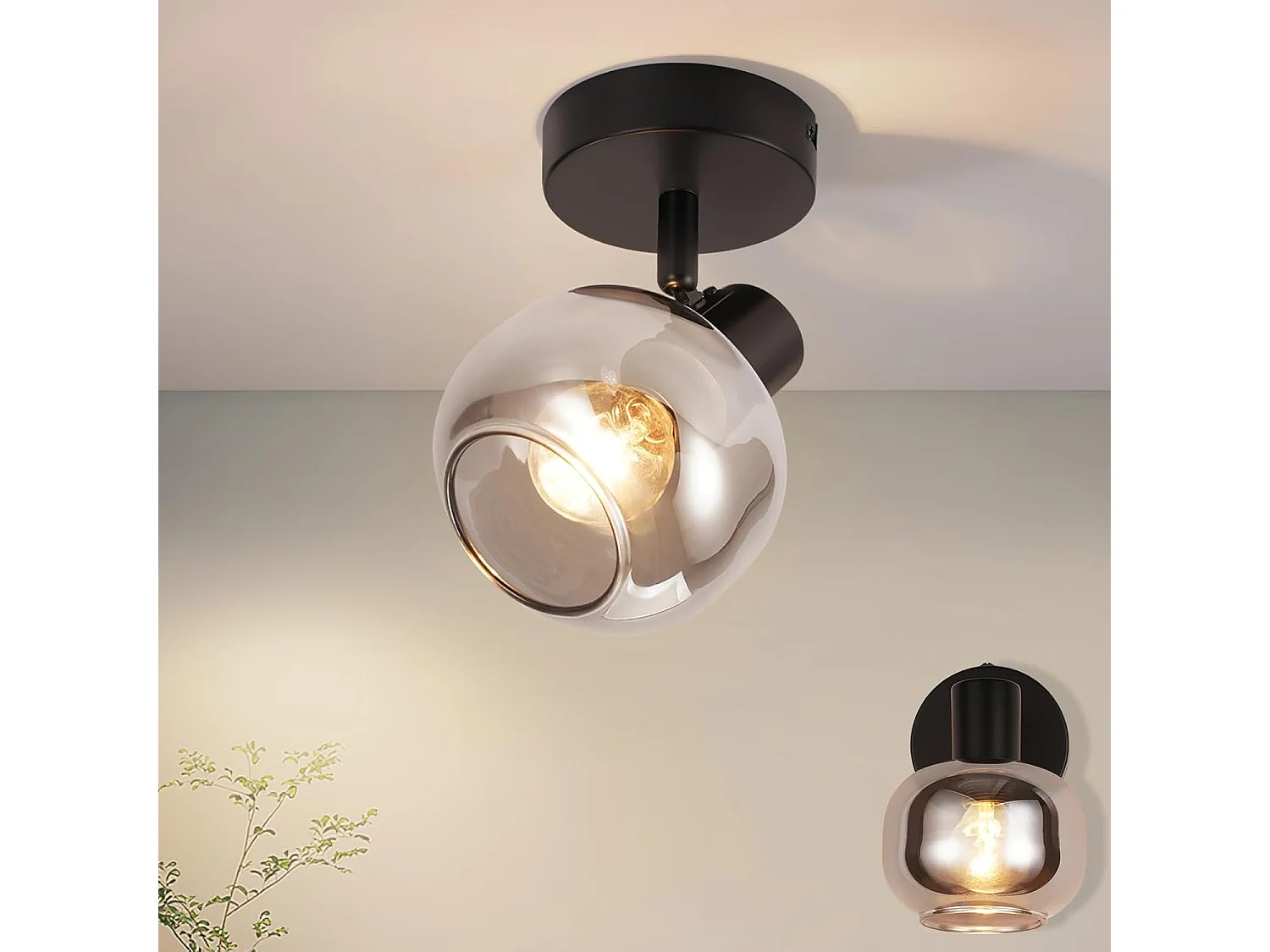 Deckenleuchte Wohnzimmer Schwarz Deckenlampe 1 flammig E14 Grau Glas Retro Vintage Deckenlampe