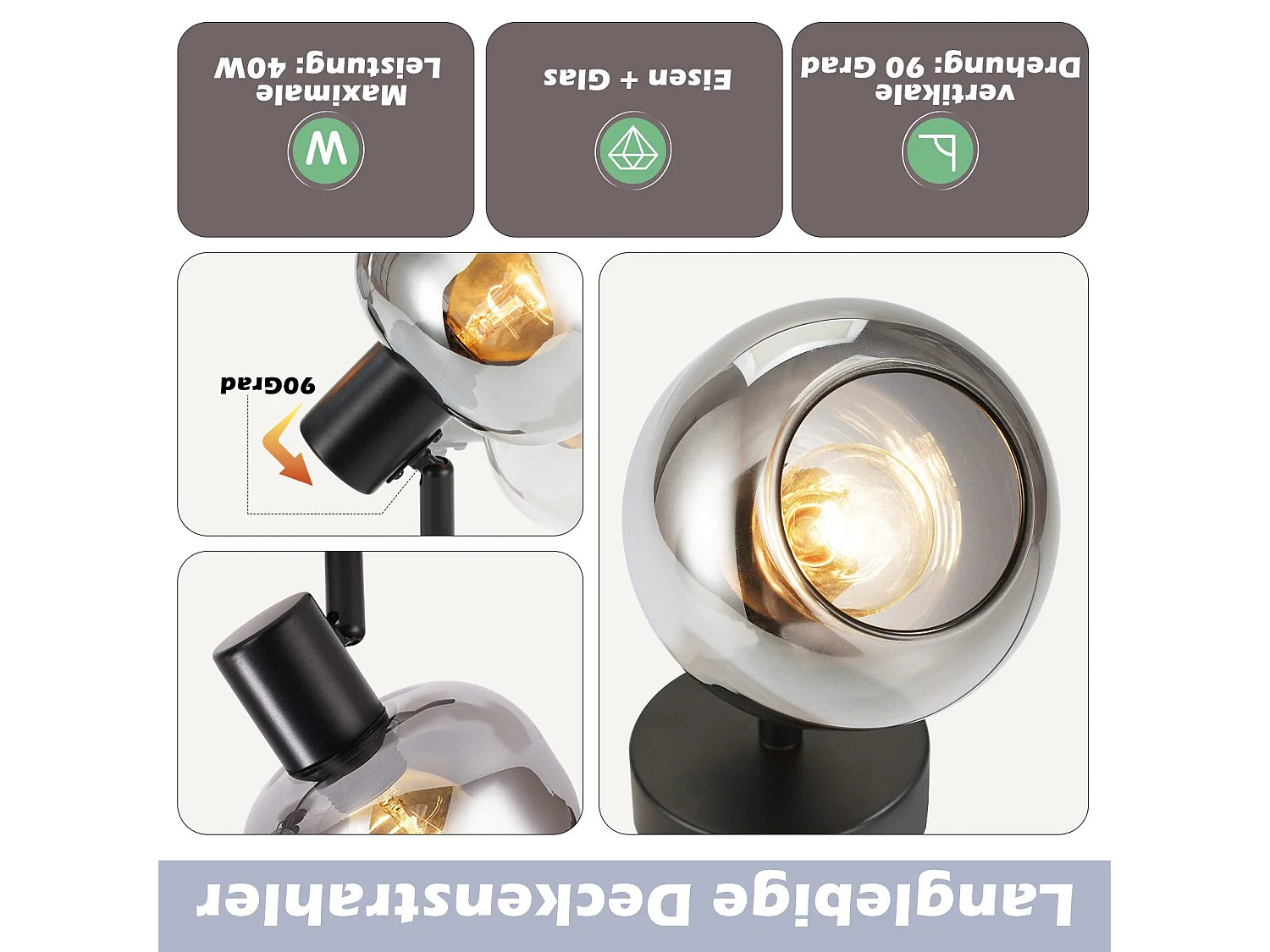 Deckenleuchte Wohnzimmer Schwarz Deckenlampe 1 flammig E14 Grau Glas Retro Vintage Deckenlampe