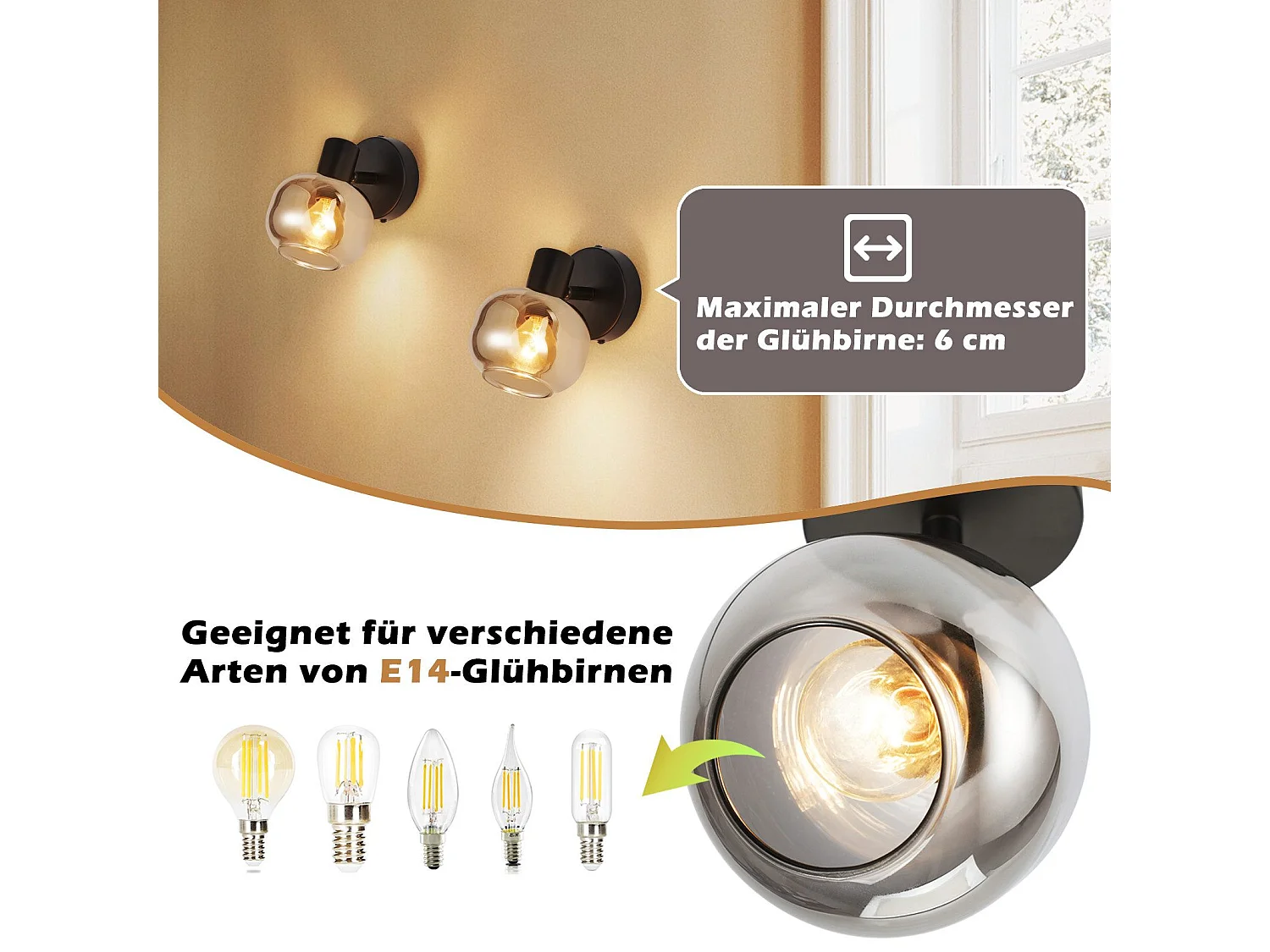 Deckenleuchte Wohnzimmer Schwarz Deckenlampe 1 flammig E14 Grau Glas Retro Vintage Deckenlampe