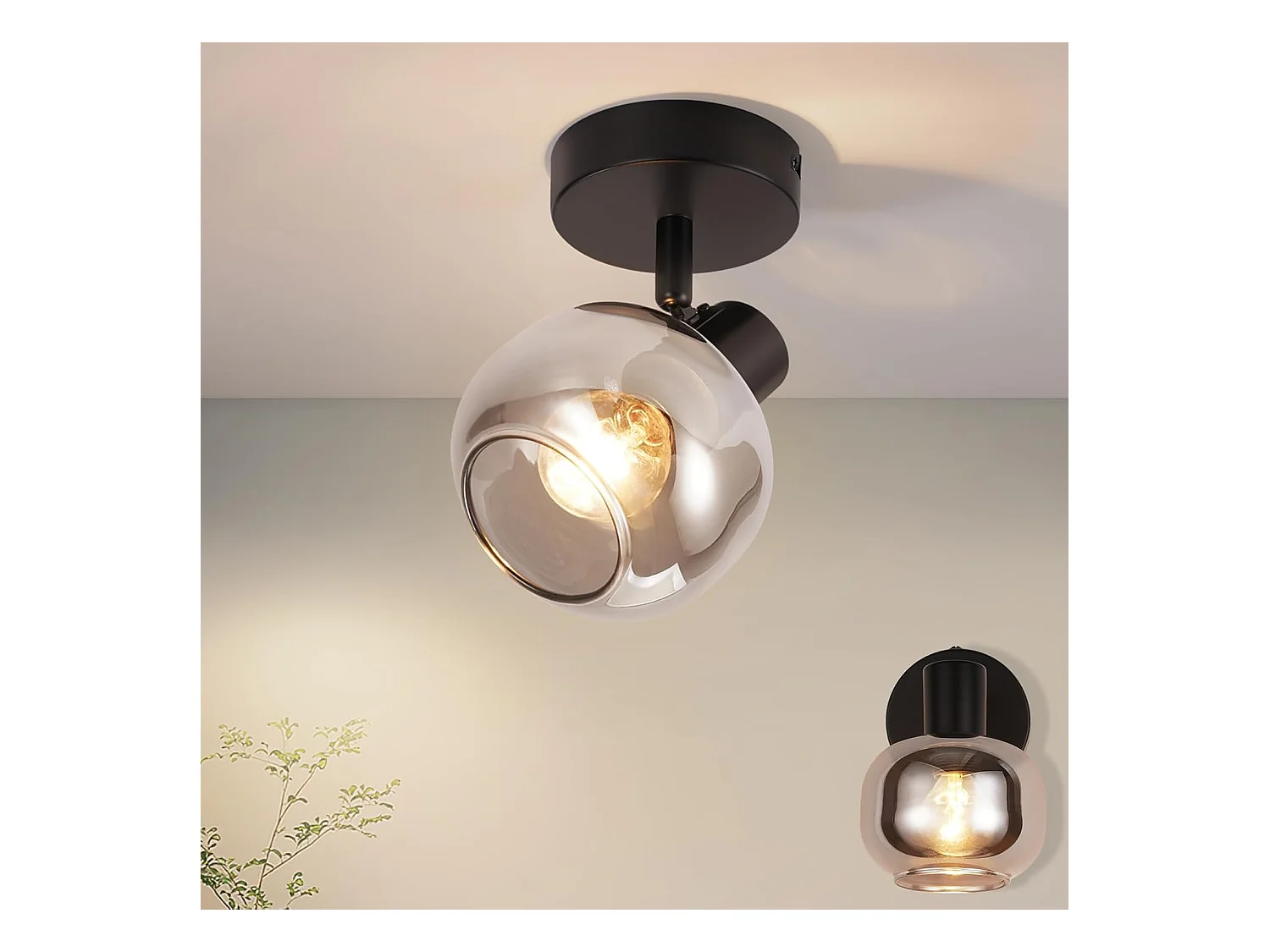 NETTLIFE Plafonnier salon plafonnier noir 1 ampoule E14  plafonnier gris verre rétro plafonnier vintage
