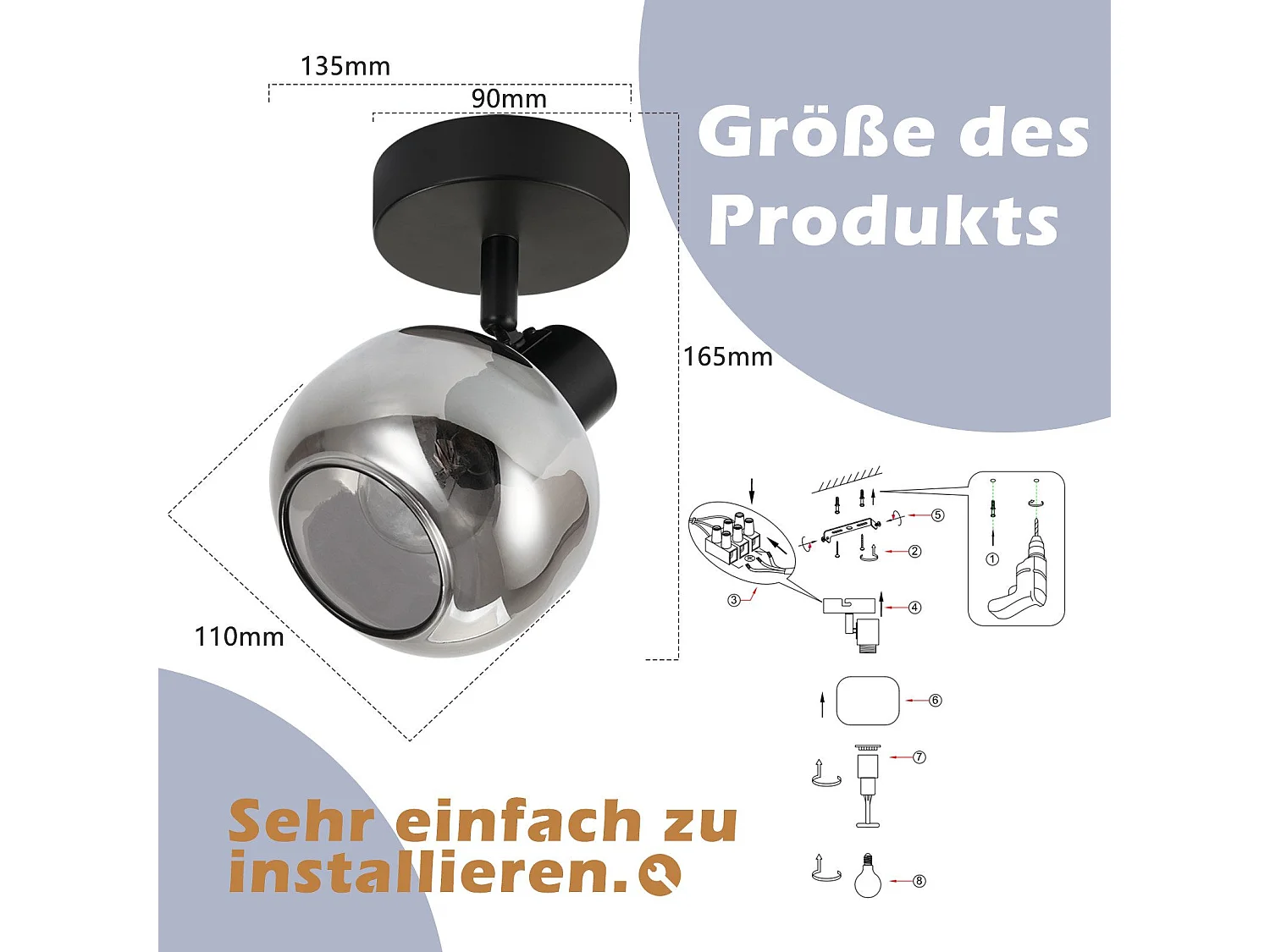 NETTLIFE Plafonnier salon plafonnier noir 1 ampoule E14  plafonnier gris verre rétro plafonnier vintage