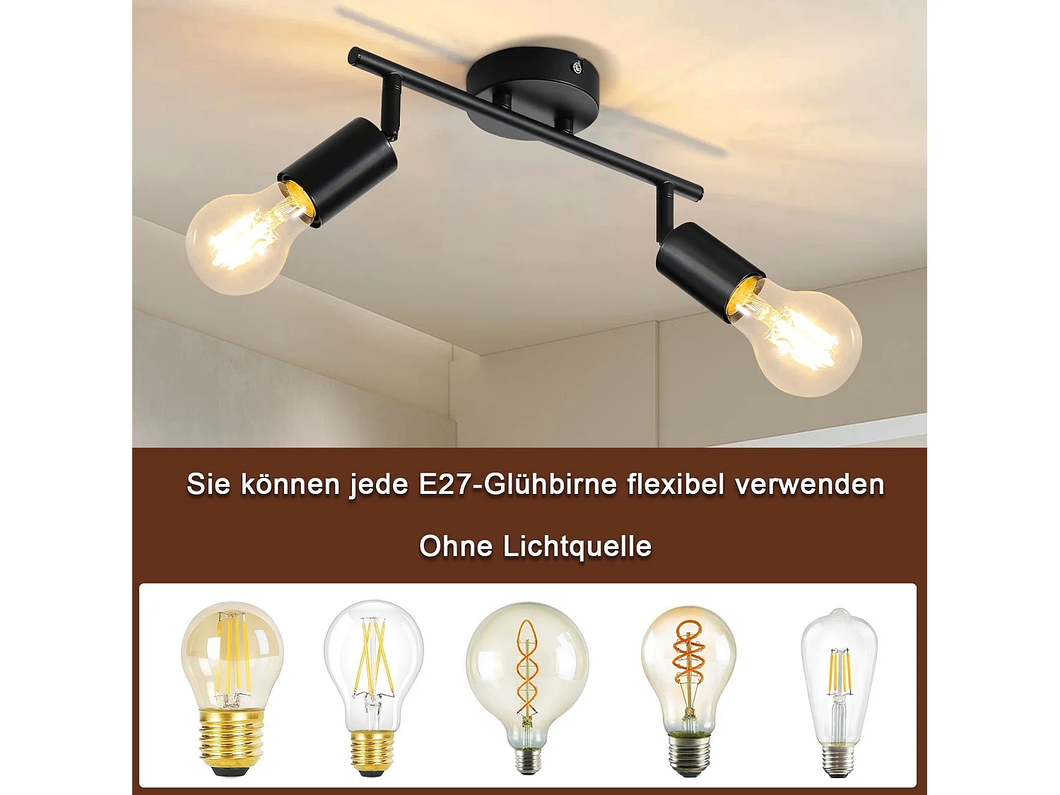 NETTLIFE Czarna lampa sufitowa 2 żarówki Punktowy sufitowy E27 vintage, regulowany 350°, przemysłowy