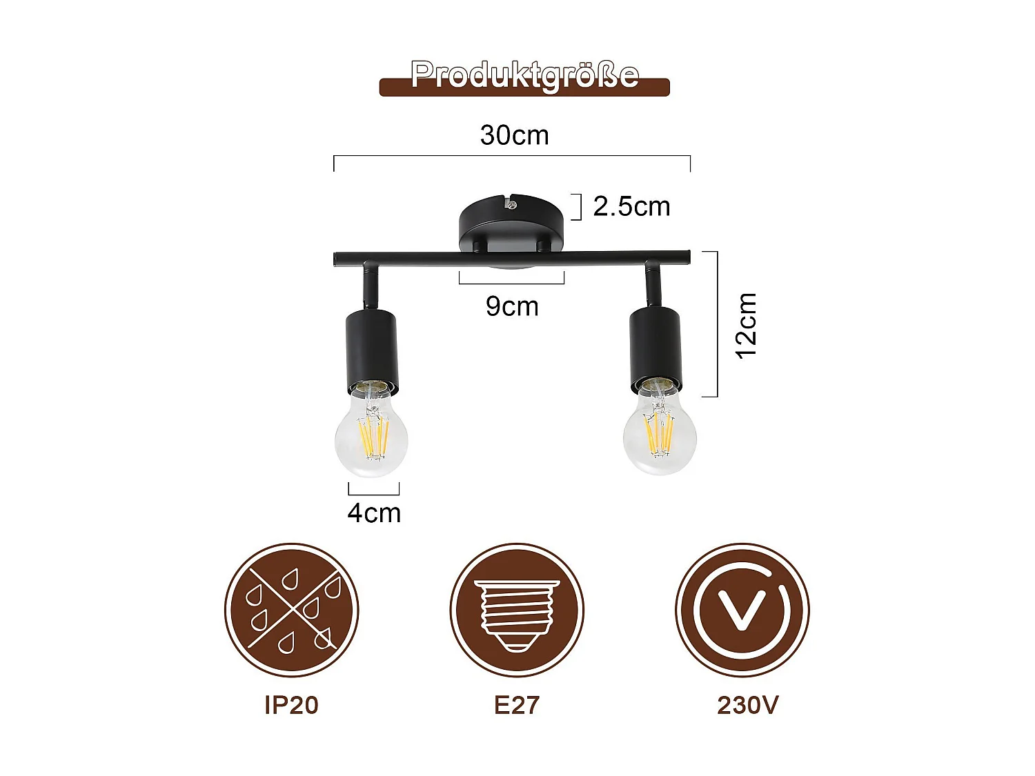 NETTLIFE Plafonnier plafonnier noir 2 ampoules Spot de plafond E27 vintage orientable 350°industriels