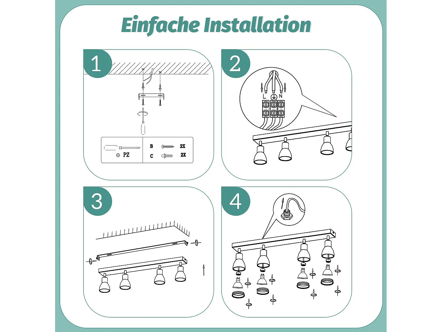 NETTLIFE Plafonnier 4 Spots Blanc : Plafonnier  Métal GU10 Spots Pivotant Intérieur pour cuisine bureau salon chambre à coucher, Sans ampoules