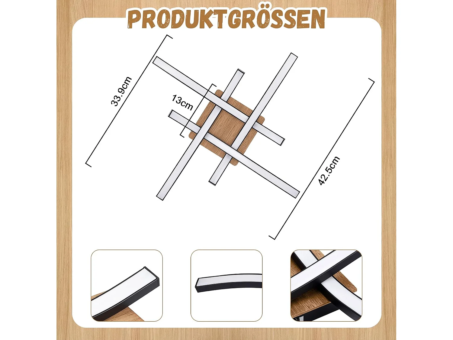 24w LED Deckenleuchte Holz 3000k Warmweiß Modernes Design Schwarz Metall