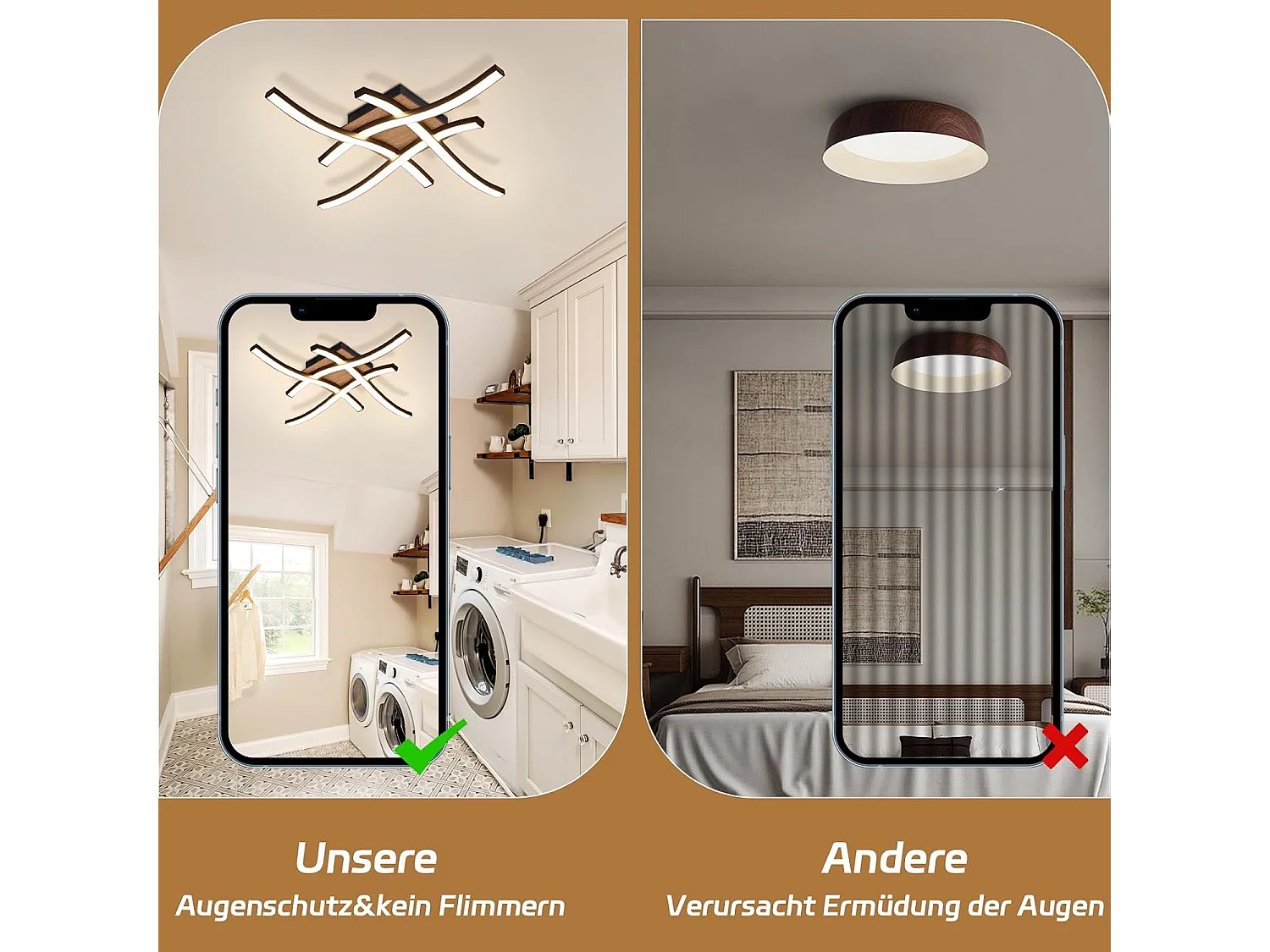 24w LED Deckenleuchte Holz 3000k Warmweiß Modernes Design Schwarz Metall