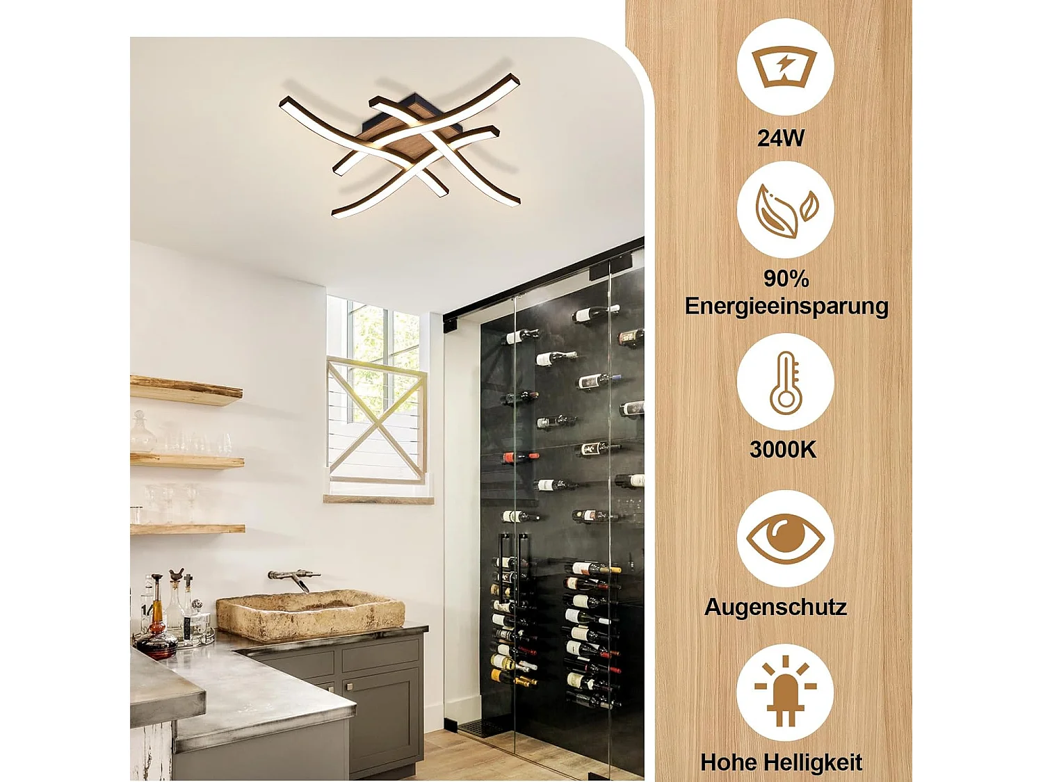 24w LED Deckenleuchte Holz 3000k Warmweiß Modernes Design Schwarz Metall