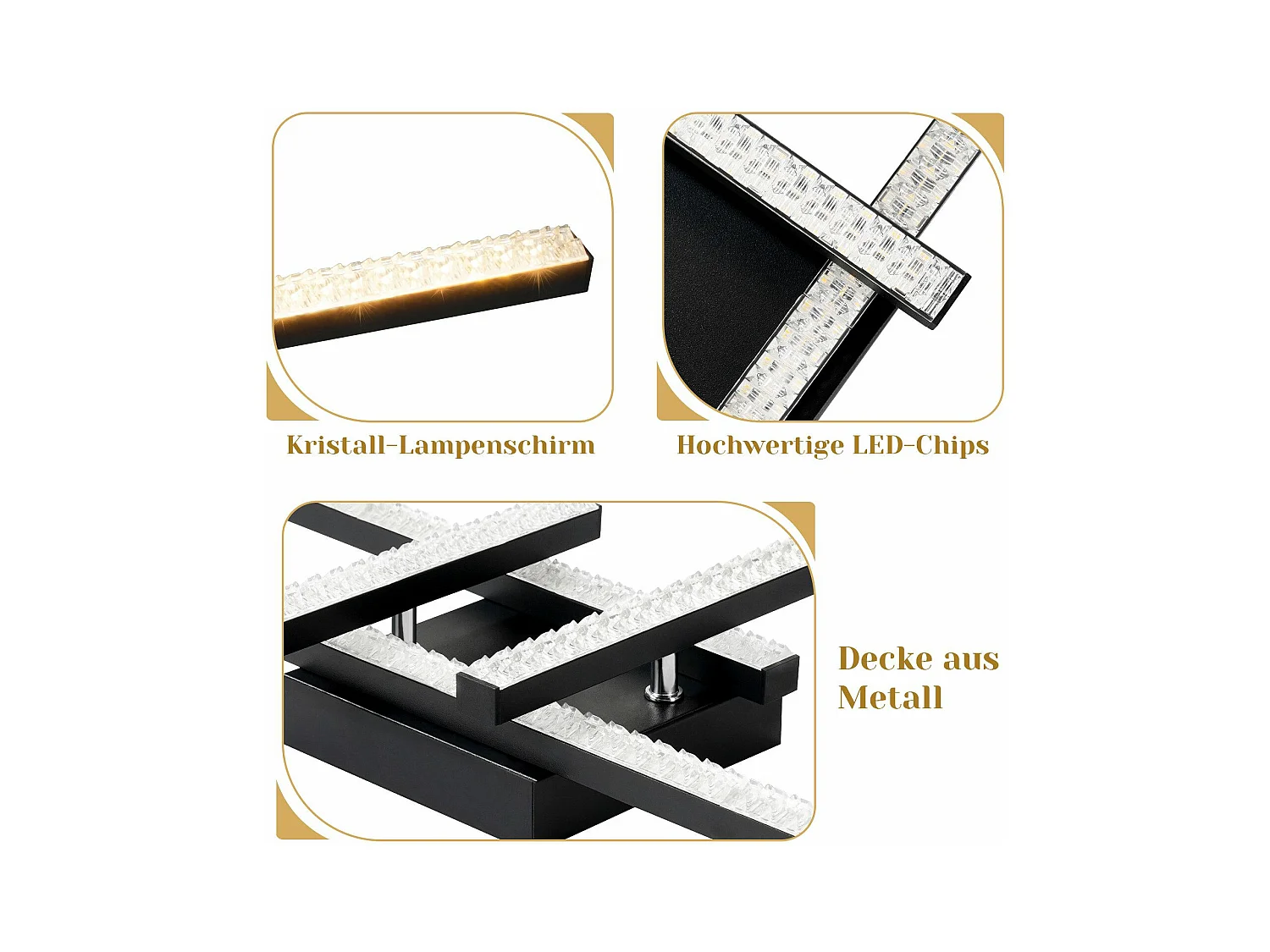 NETTLIFE Plafondlamp LED - Kristallen lamp - 4-Lichts - 3000K Warm wit Licht - Zwart - Moderne Plafondverlichting - Metaal en PC - voor Woonkamer | Slaapkamer - 20W