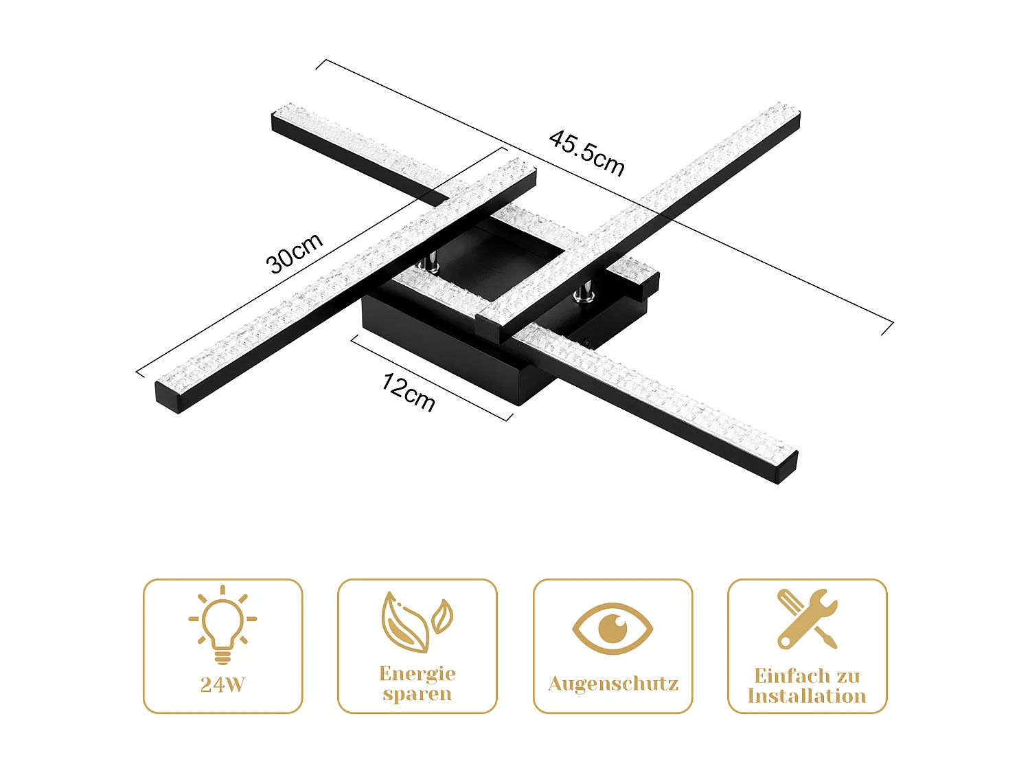 NETTLIFE Plafondlamp LED - Kristallen lamp - 4-Lichts - 3000K Warm wit Licht - Zwart - Moderne Plafondverlichting - Metaal en PC - voor Woonkamer | Slaapkamer - 20W