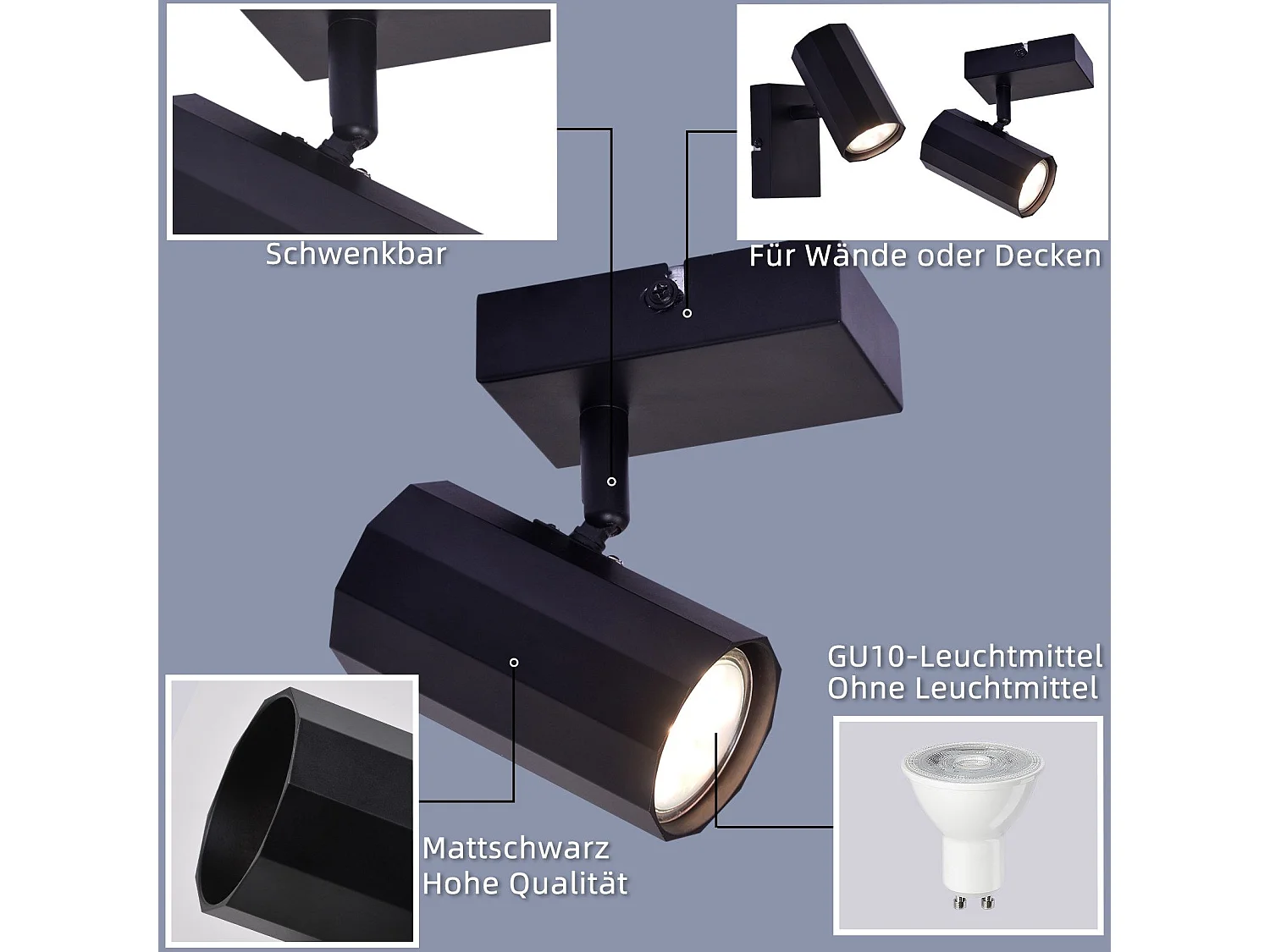 NETTLIFE Lampa sufitowa 1 vintage czarna metalowa lampa sufitowa GU10 regulowana 350°40W