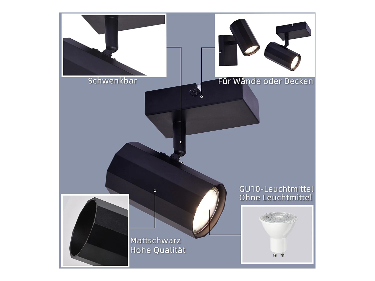 NETTLIFE Opbouwspot 1-Lichts zeshoekig Metaal GU10 Fitting Plafondspot Zwart 350° draaibar Vintage Plafondlamp voor Woonkamer | Slaafkamer | Gang Zonder Lichtborn