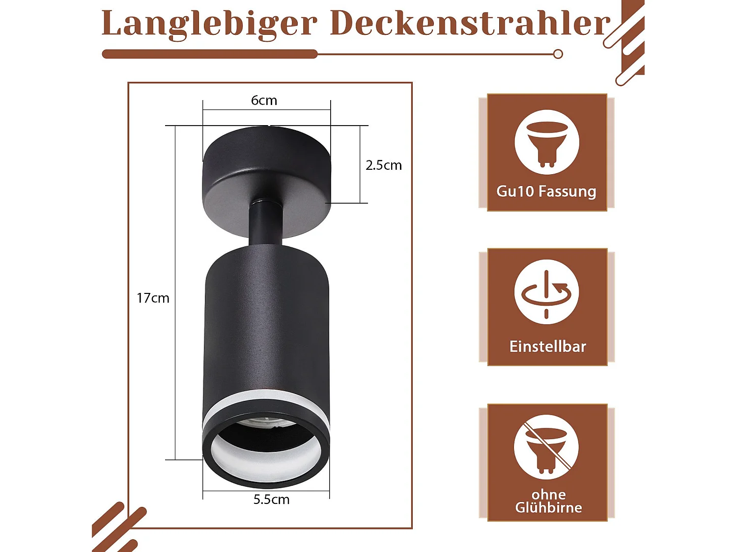 NETTLIFE Opbouwspot GU10 zwart L 6cm Moderne Plafondlamp 355° draaibaar Plafondspot 1-Lichts cilinder Lampkap voor Slaafkamer | Kantoor | Woonkamer Max.40W