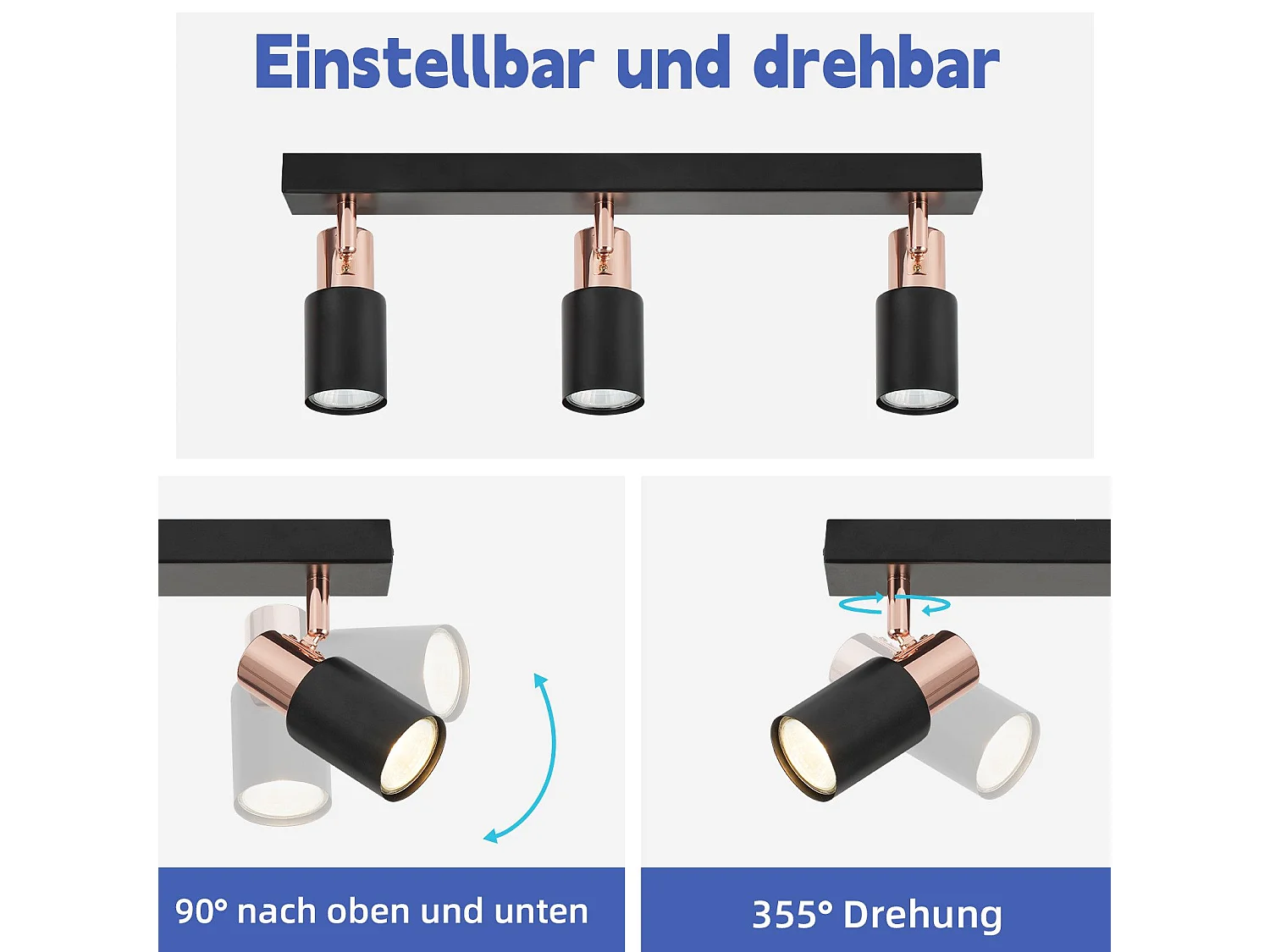 NETTLIFE Spot de plafond 3 flammes GU10 pivotante 355°noir Moderne