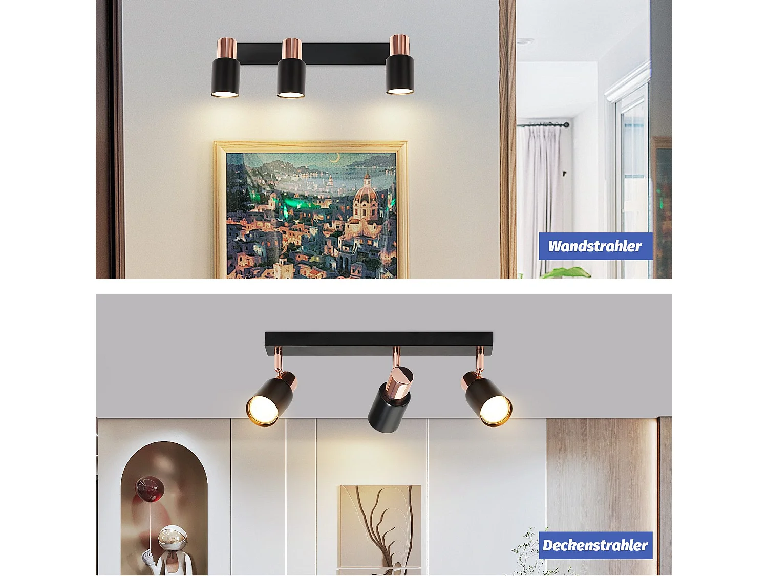 NETTLIFE Spot de plafond 3 flammes GU10 pivotante 355°noir Moderne