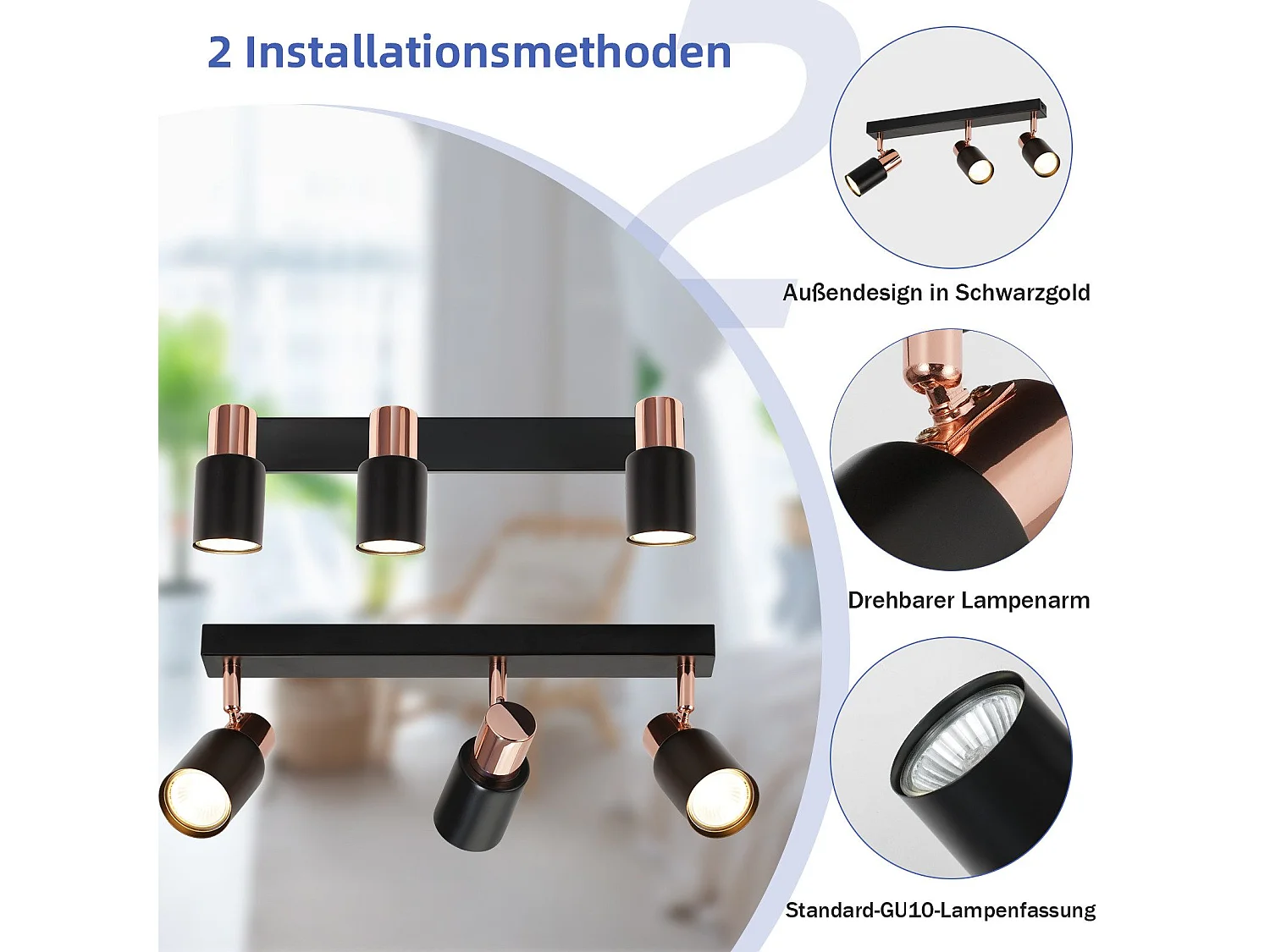 NETTLIFE Spot de plafond 3 flammes GU10 pivotante 355°noir Moderne