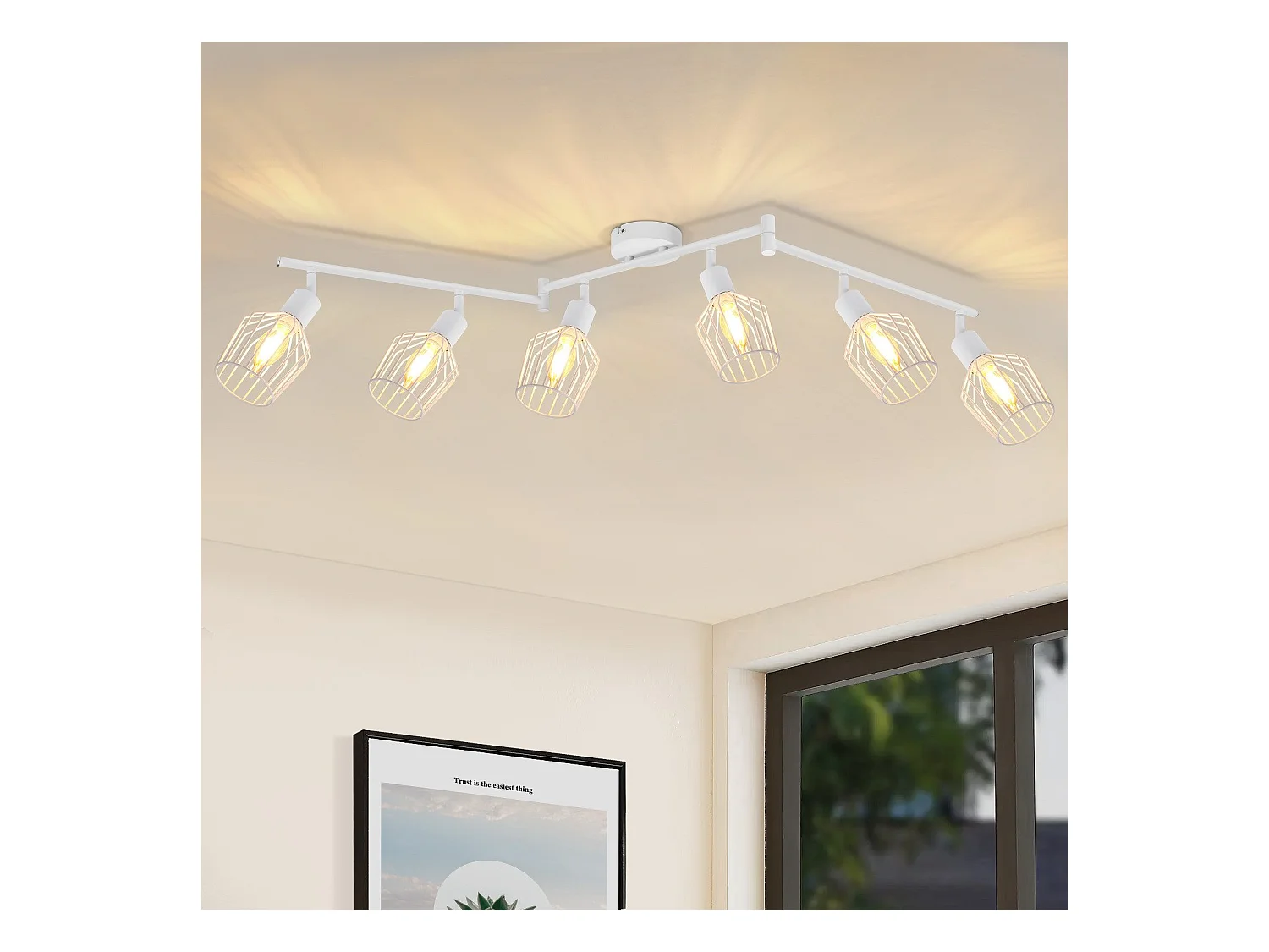 NETTLIFE Opbouwspot 6-lichts E14 Fitting wit kooiontwerp Lampkap  350° draaibar Plafondspot L 122cm Vintage Keukenlamp