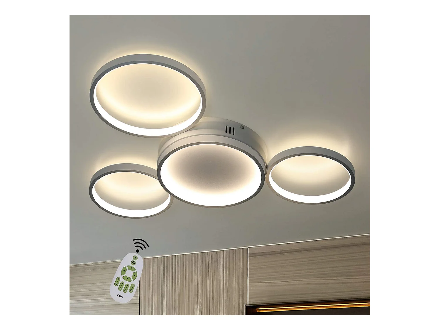 NETTLIFE Plafonnier LED plafonnier avec télécommande dimmable 52W moderne avec 4 anneaux métalliques
