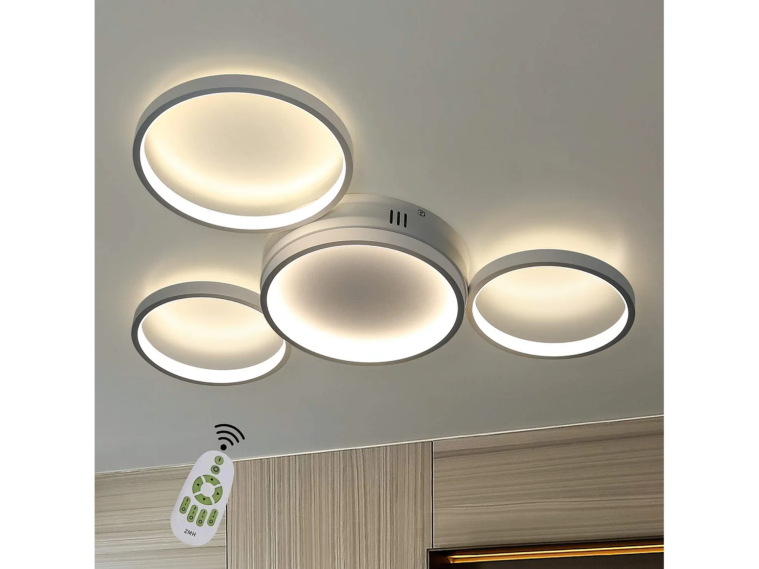 NETTLIFE Plafonnier LED plafonnier avec télécommande dimmable 52W moderne avec 4 anneaux métalliques