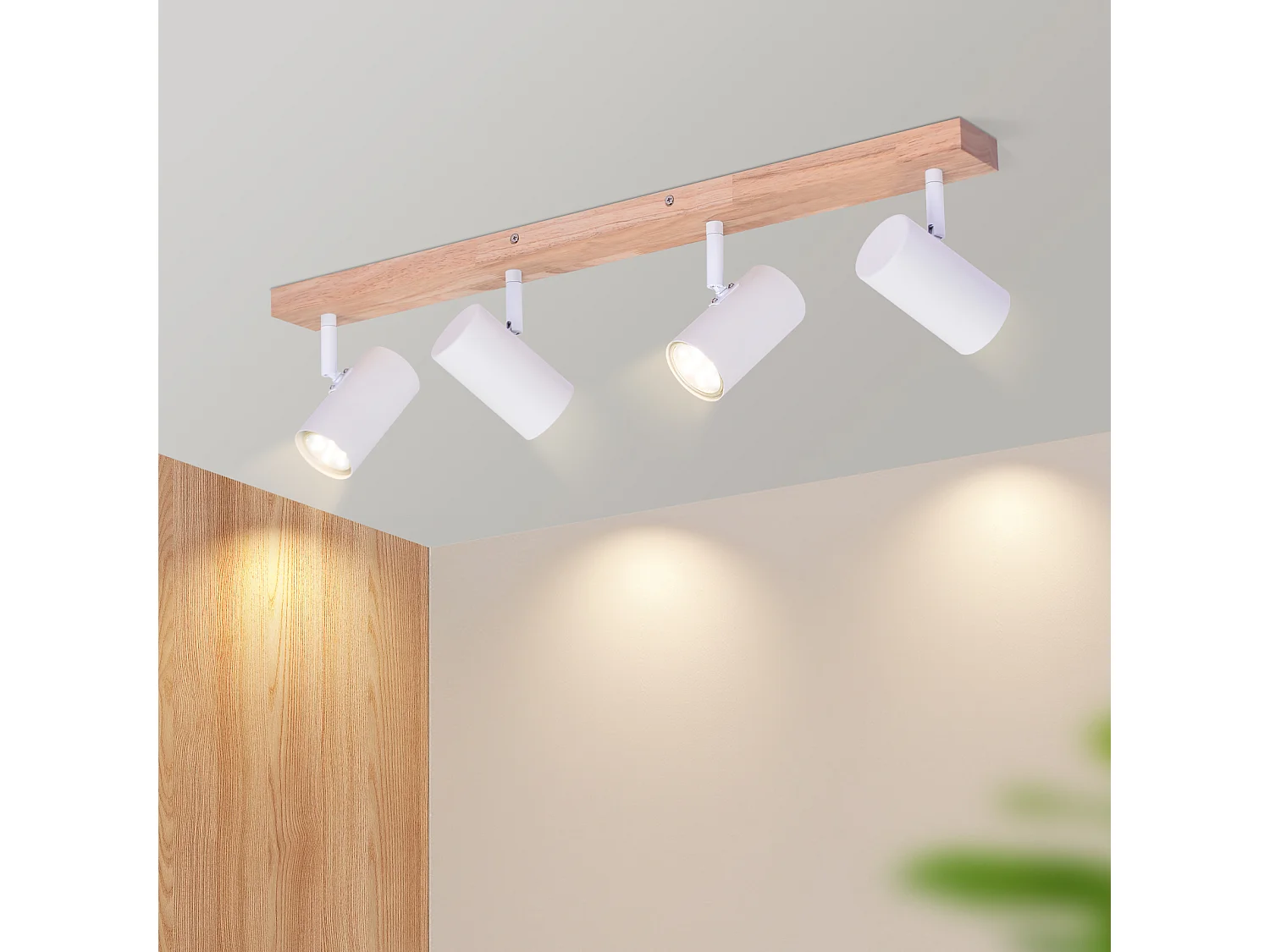 NETTLIFE Plafocéntero de 4 bombillas, plafocéntero de madera blanca GU10 Vintage giratorio 350°